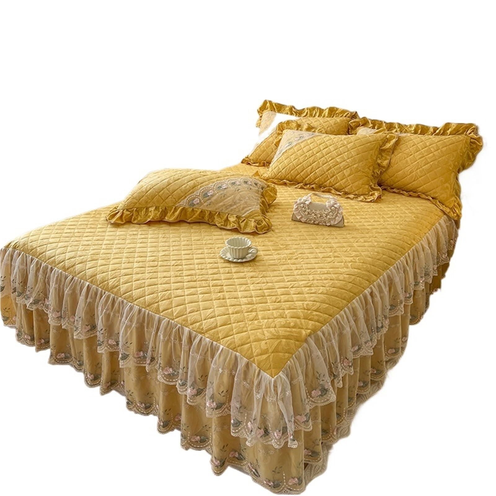 Gold Yellow, Beige, Pink, Jacquard Velvet Lace Ruffles Bedspread, Quilted Embroidery Bed Skirt, Mattress Cover(Yellow,180X200cm 3pcs)