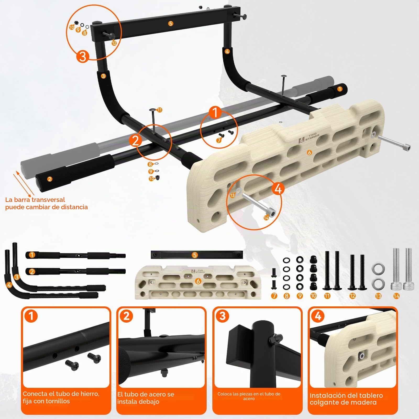 TWO STONES Hangboard de escalada en roca con barra de dominadas para puerta, incluye jarra, pinzas, bolsillos, bordes y pendientes para entrenamiento de escalada en roca