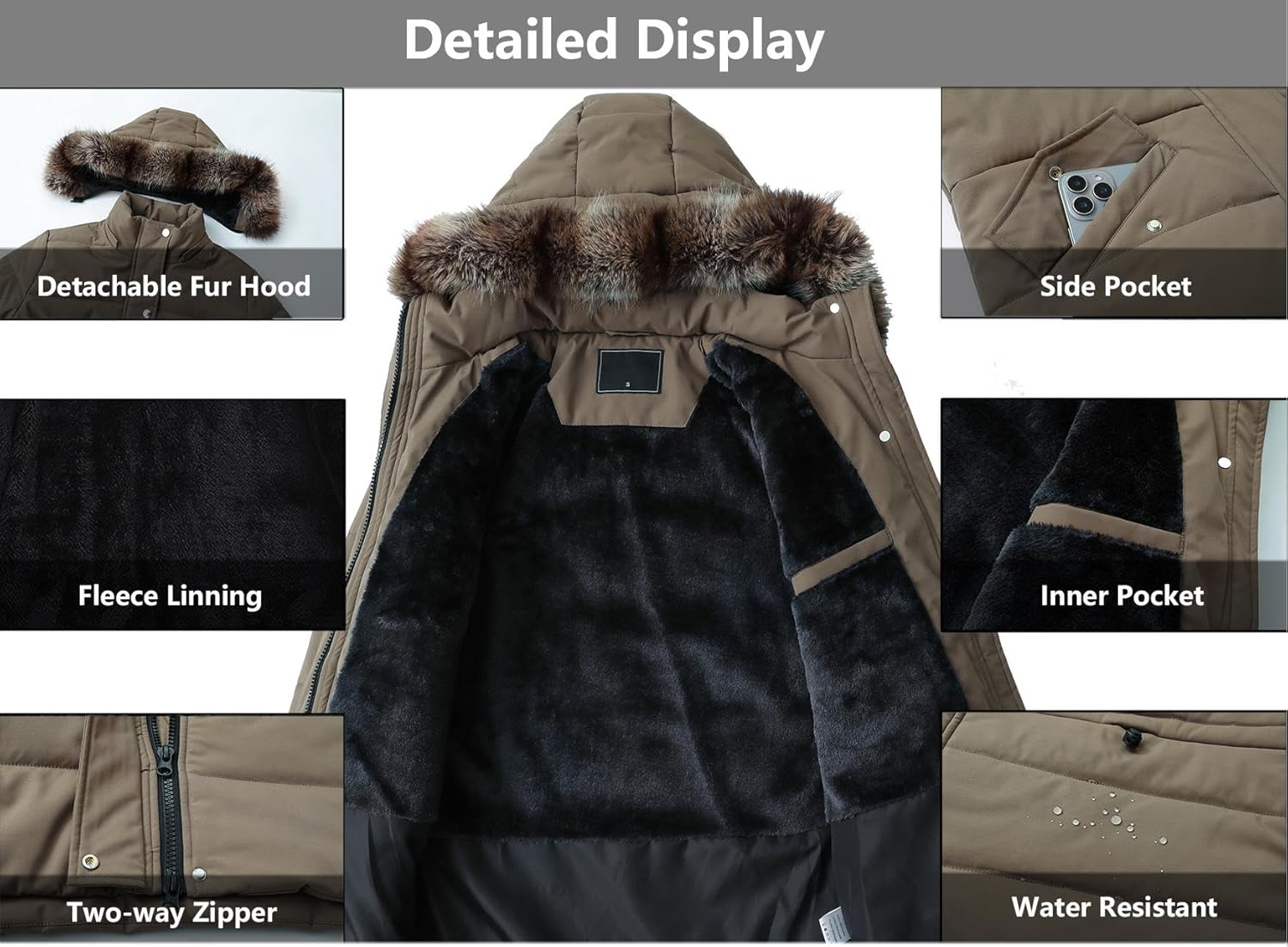 Women's Winter Coat Waterproof Long Insulated Parka with Detachable Hood