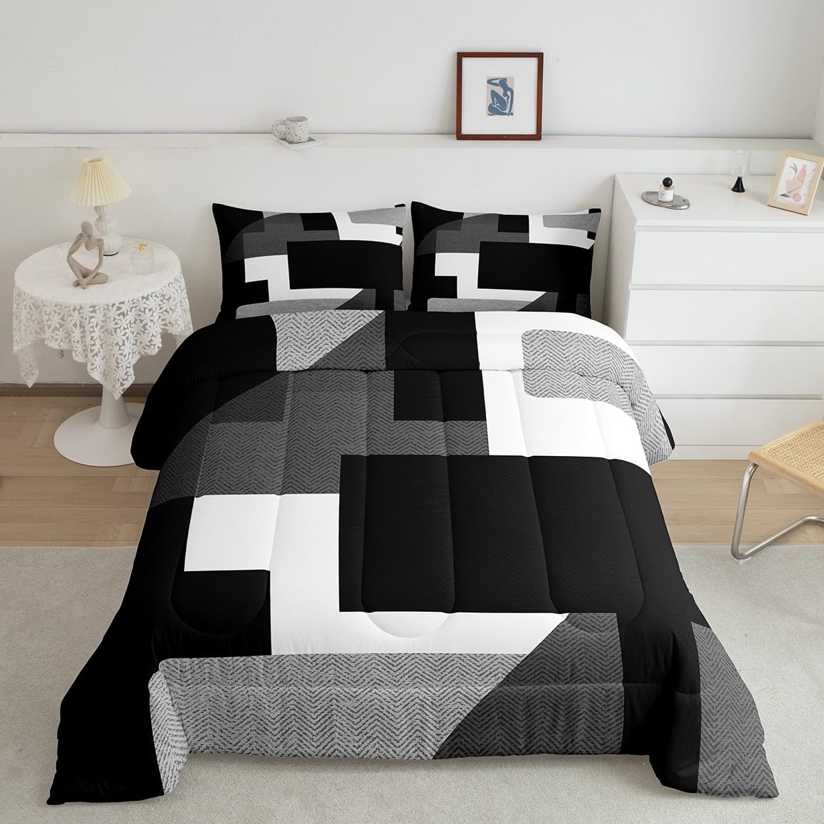 Parure de lit enfant 2 pièces avec couette géométrique grise et blanche