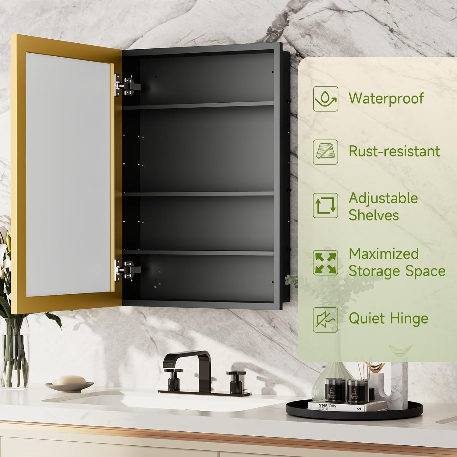 16 x 24 Inch Medicine Cabinet Recessed or Wall Mount Aluminum Bathroom Medicine Cabinet with Mirror and 3 Adjustable Shelves for Bedroom Entryway Dressing Room Apartment and Hotel Gold