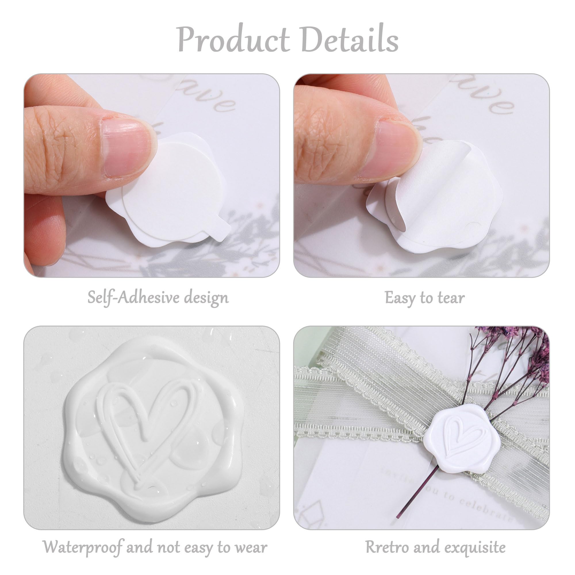 50 sellos de cera autoadhesivos, diseño de corazón, para bodas, invitaciones, regalos, cartas (blanco)