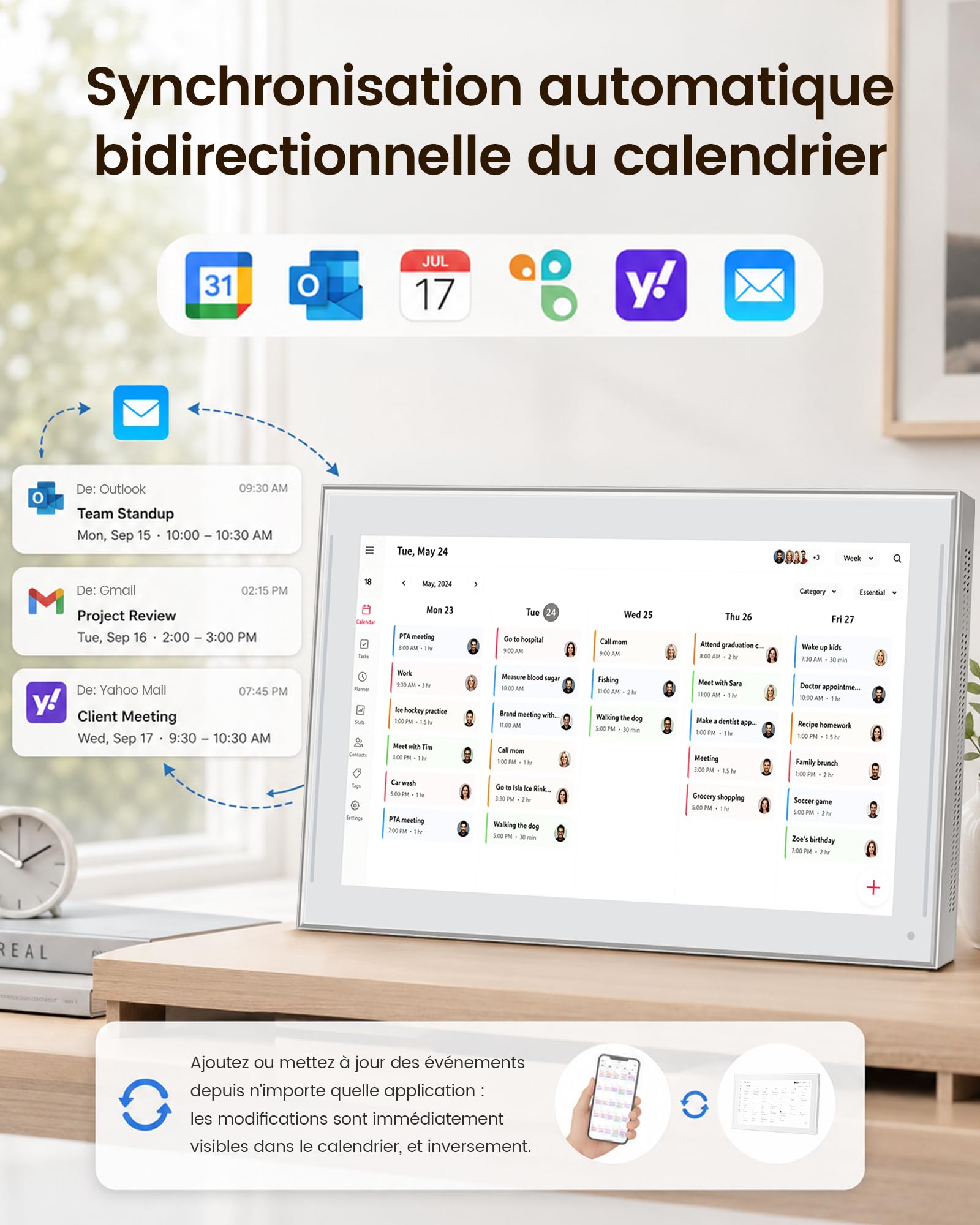 Calendrier Numerique Mural Familial,Organisateur Familial,Planning Semainer Enfant,Planificateur de Menus,Agenda Electronique avec TâChes Et SystèMe de RéCompenses,Synchronisé avec Google & Outlook