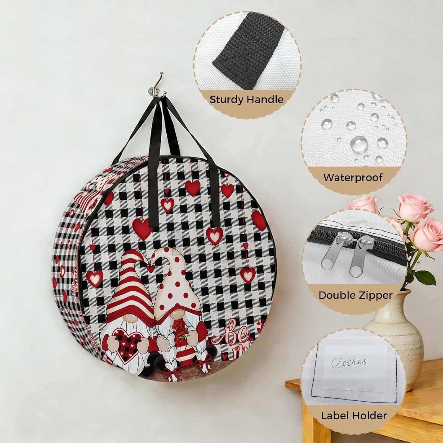 Valentine's Day Round Storage Bag 36 Inch, Be Mine Love Gnome Red Heart Rose Floral Black White Plaid Clothes Storage Container with Handles Heavy Duty Organizer for Comforter, Bedding&Holiday Wreaths