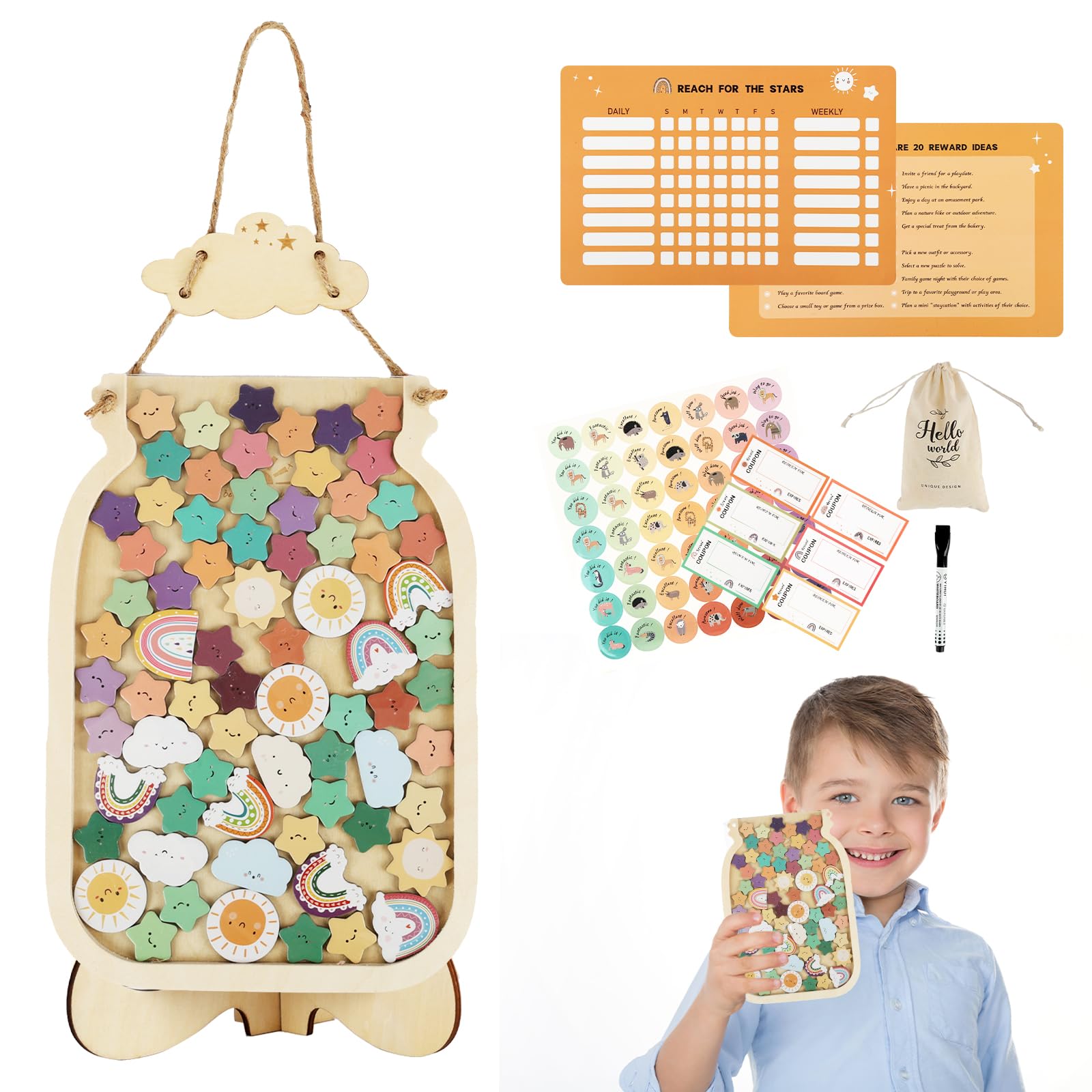Reward Jar, Star Jar Reward System for Children Behavior, Reusable Magnetic Reward Jar with Star Tokens, Wooden Reward Chart for Inspiring Kids Good Behaviour Home School Classroom (Stern)