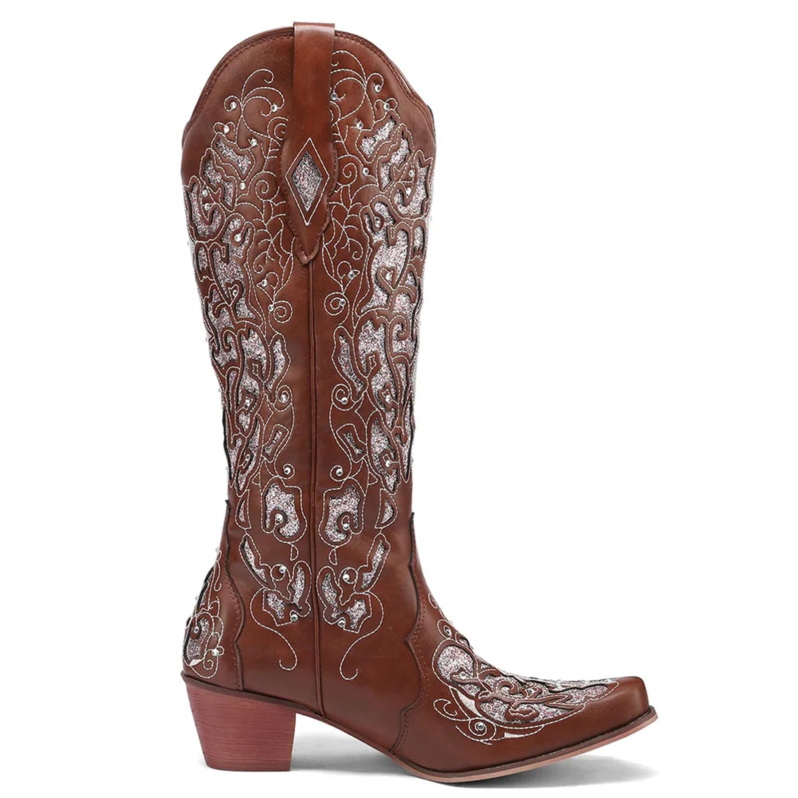 Lmtossey Bling Crystals Retro Western Cowboy stivali alti al ginocchio per donna cucito floreale Cowgirl scarpe