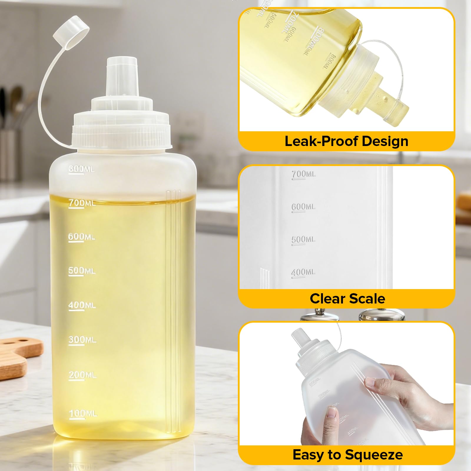 4 Pezzi Bottiglia Squeeze di Plastica 800ML, Bottiglia per Squeeze con Tappi, Bocca Grande,Trasparente Condimento Dispenser con Pennello per Ketchup Senape Mayo Salse Piccanti Olio d'oliva