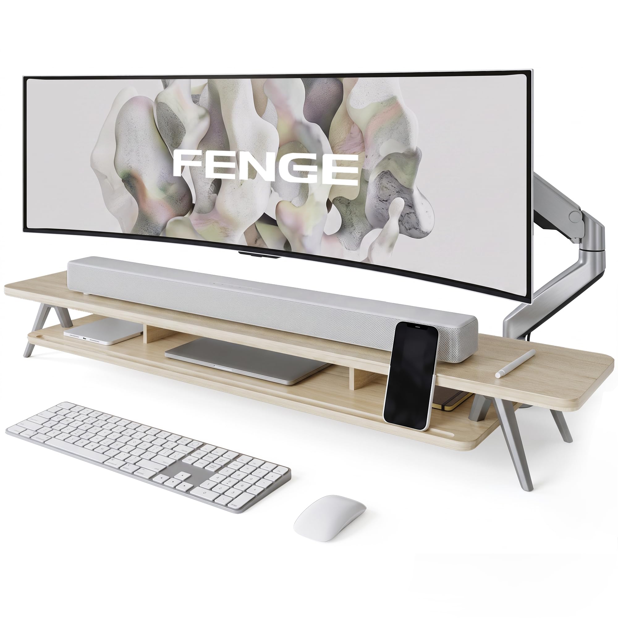 Fenge Dual Monitor Stand Riser, Wooden Desk Shelf with 2-Tier Storage