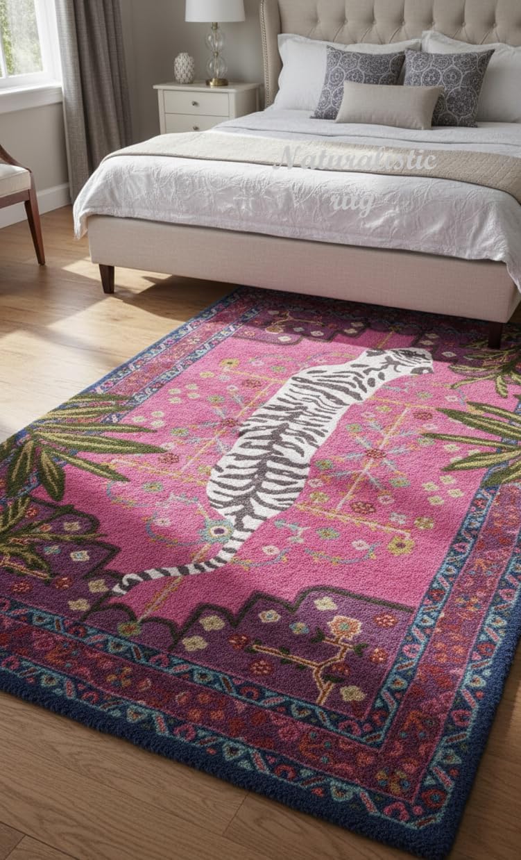 Bengal Tiger Animal Print Wool Area Rug Handmade Featuring Symmetrical Palm Leaves Design - Ideal for Living Room Bedroom Kids Room & Office (Multi, 4'x6')