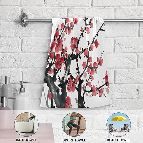 Miniatura 6 de Juego de 2 toallas de mano con diseño de flor de ciruelo rojo para baño, flores, flores, árboles, ramas, peces koi, estilo asiático, suaves y