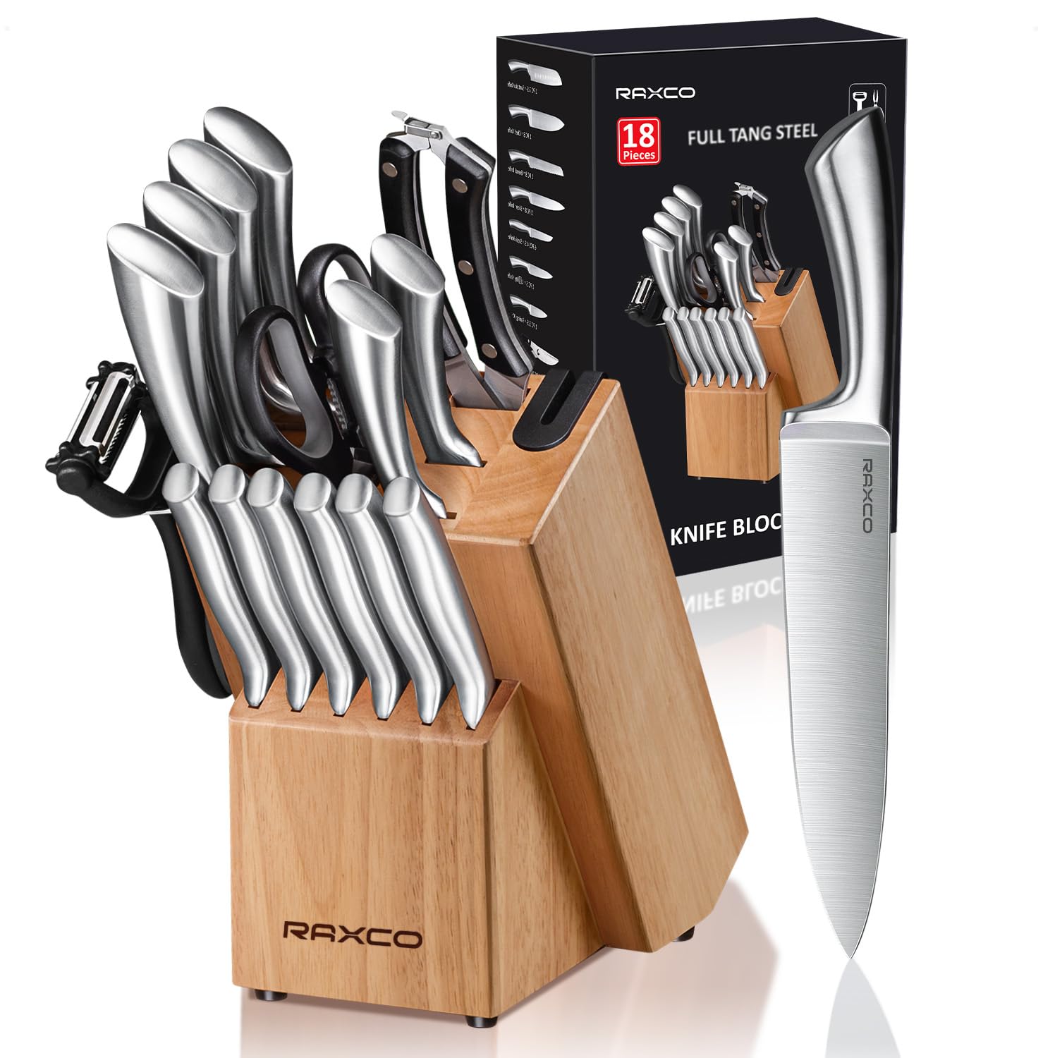 RAXCO Messerblock Set, 18-teiliges Edelstahl Küchenmesser Set - Steakmesser Set, Professionelle Küchenmesser Sets mit Block und Schärfer