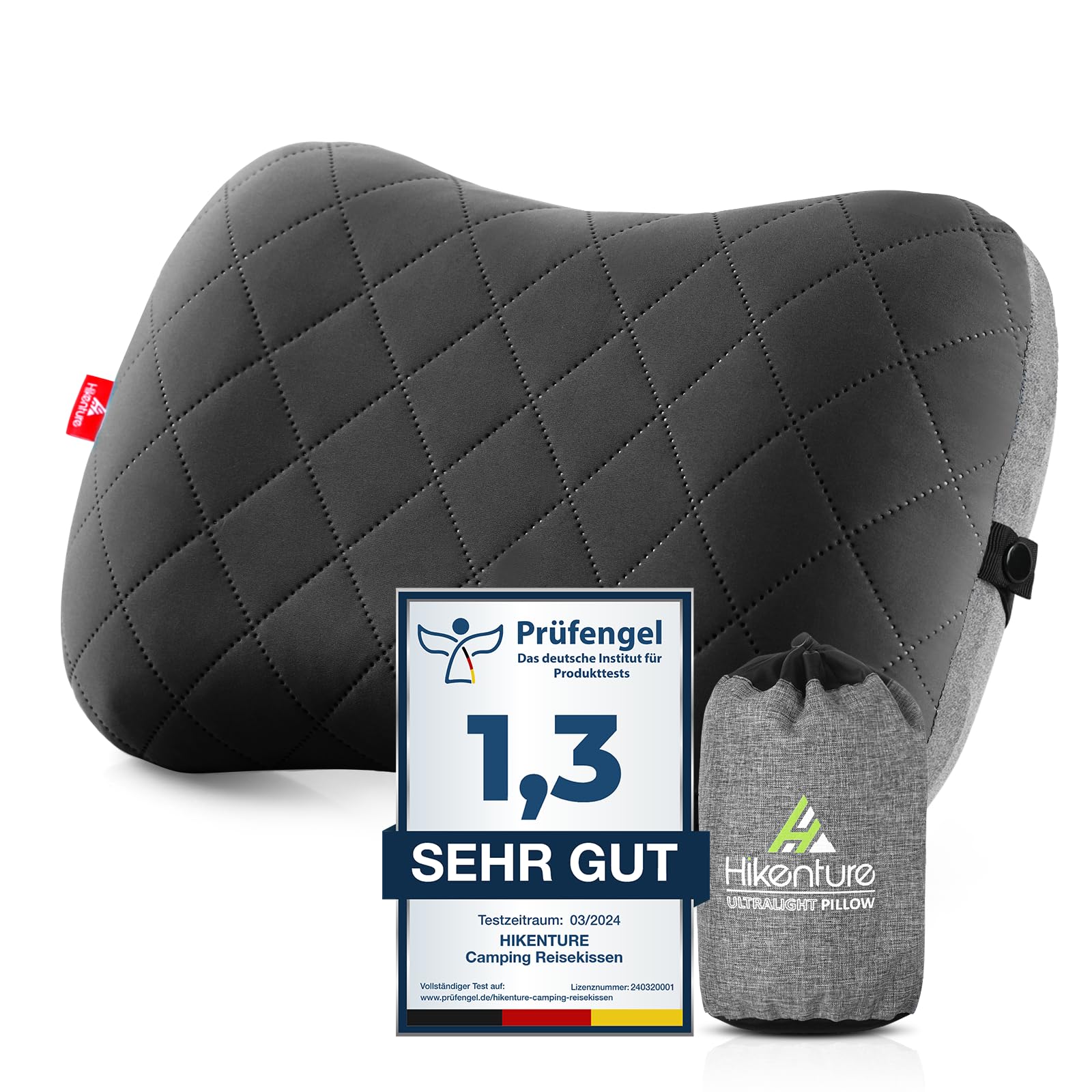 HIKENTURE Aufblasbares Camping/Reise Kissen mit Abziehbarem Kissenbezug, Ergonomisches Kopfkissen, Komfortables Nackenkissen für Reise/Outdoor, Inflatable Travel Neck Pillow-Blau/Schwarz/Grau