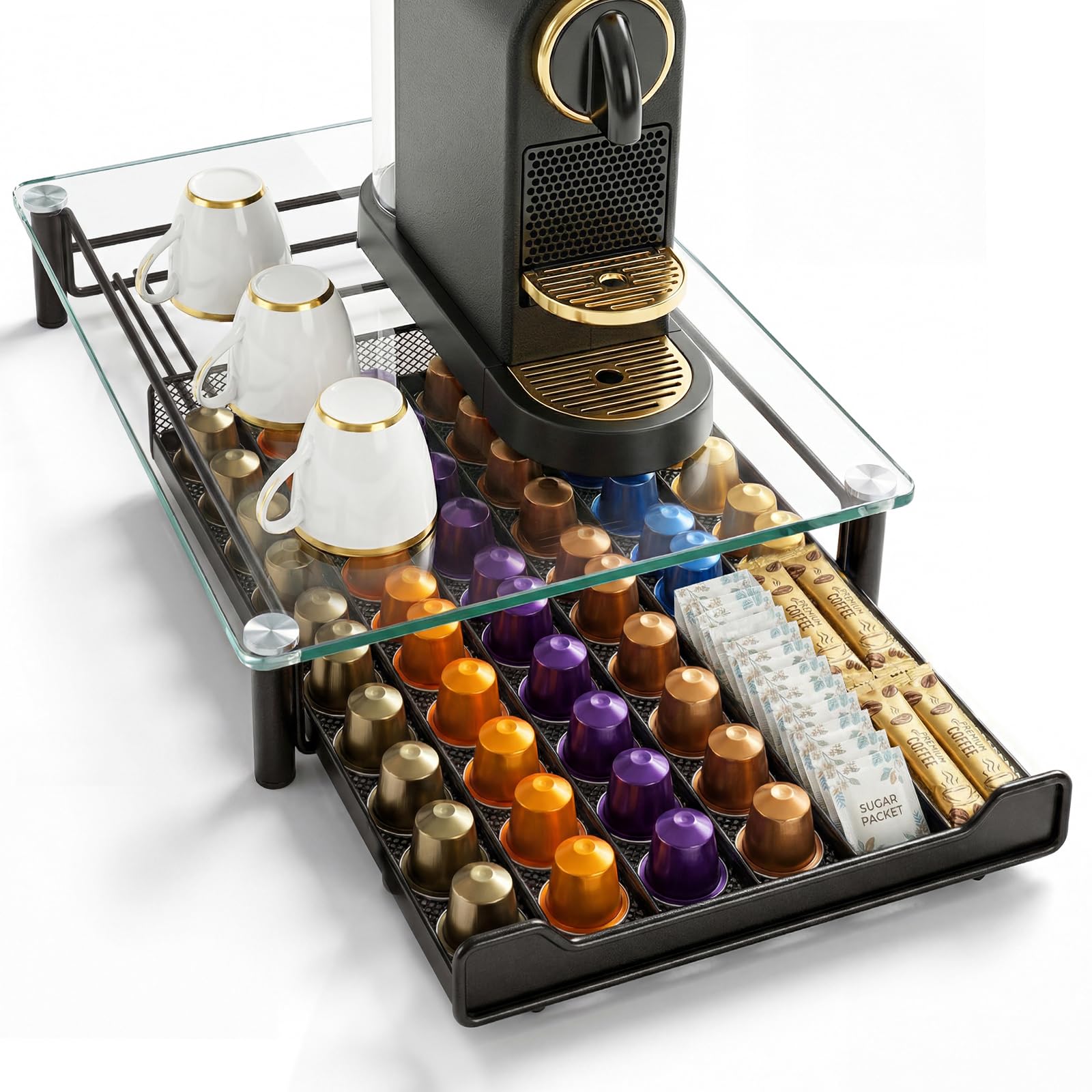 Zvonema Support de capsules Nespresso transparent pour 60 capsules de café, rangement en verre et métal, design extensible, robuste