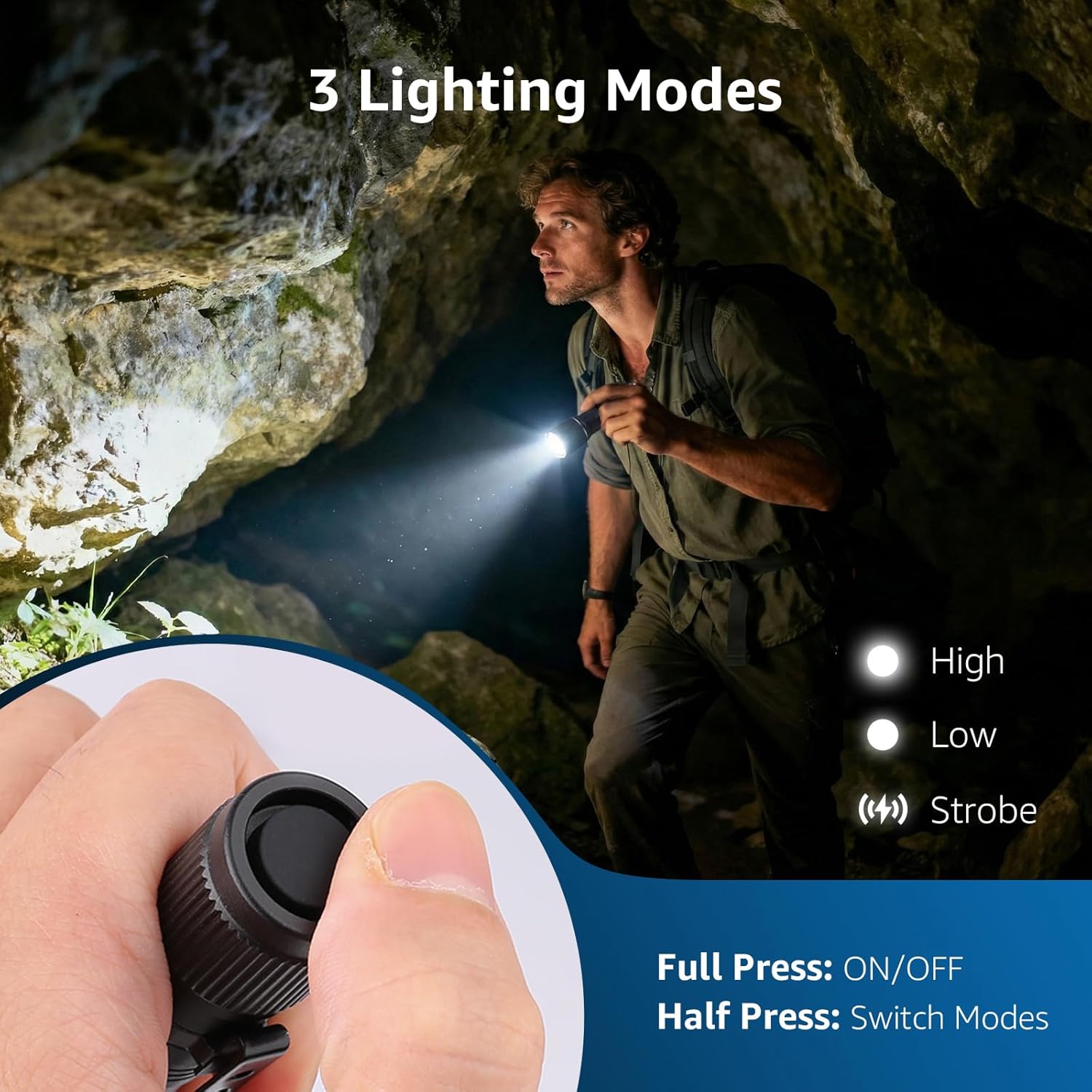 Hand operating the Lepro LED Mini Flashlight button to switch between High, Low, and Strobe lighting modes.