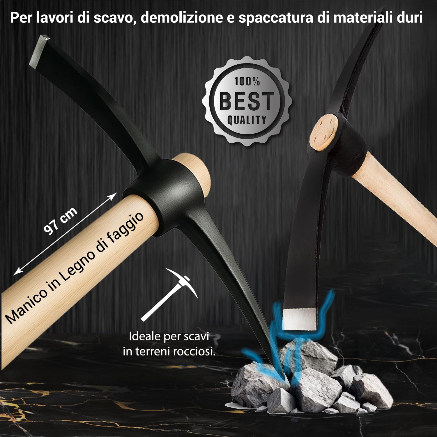 Crisalide® Set d'outils Pelle et Picone – Pelle en acier renforcé 40 x 29 cm avec poignée hêtre 135 cm + pic 47 cm en acier trempé – outils de creusement résistants pour sols durs et rocheux.
