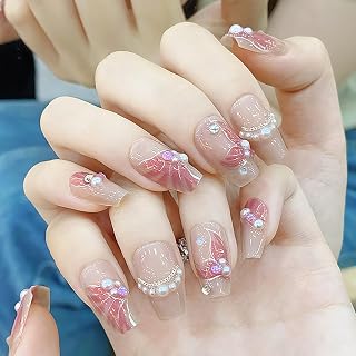 TBRZTR Mermaid False Ballet Shaped Press on Nails Medium Artificial Acrylic Pearl Chain Design French Fake Full Cover Reusable Coffin Glue on Nails for Women Supplies
