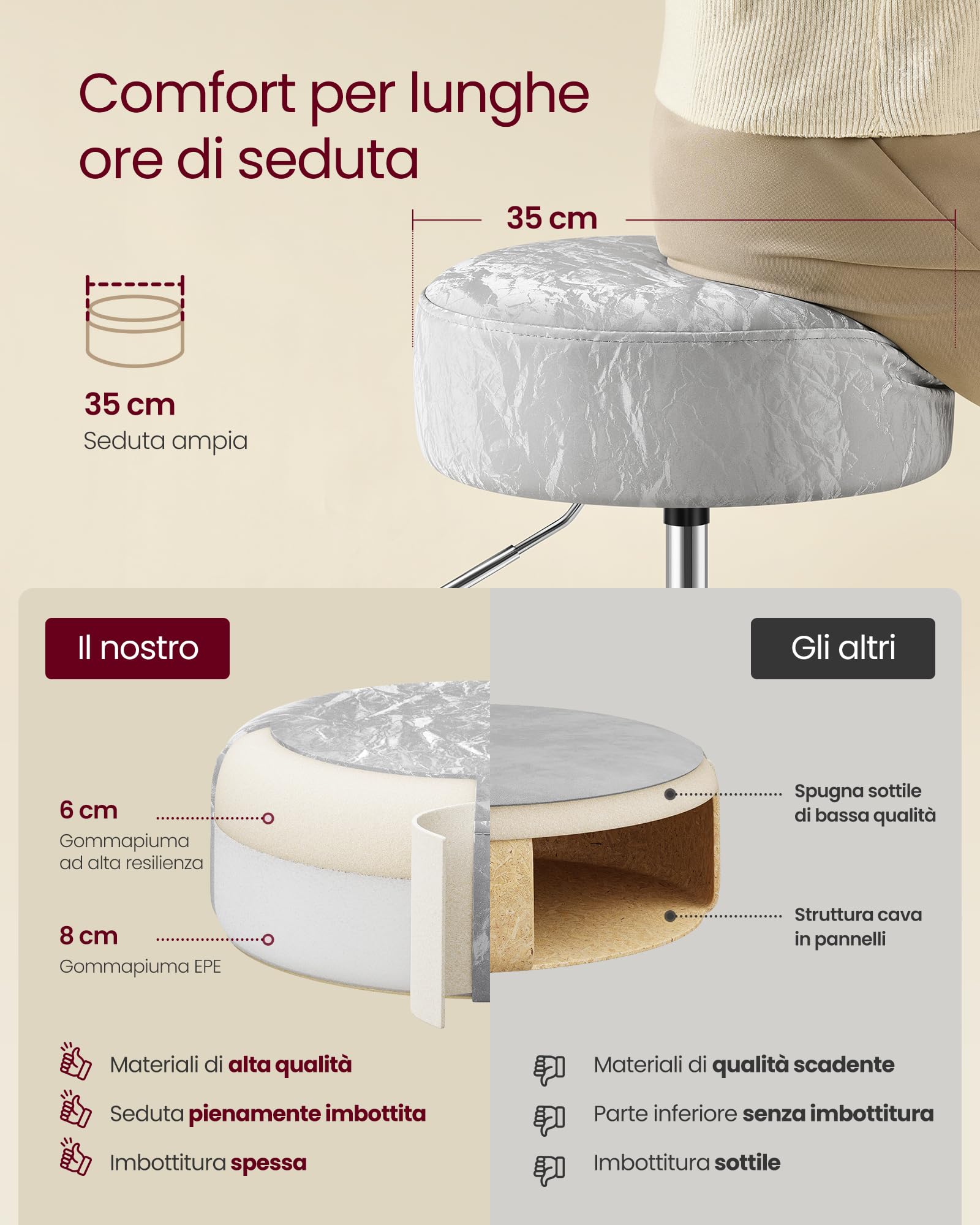 VASAGLE Sgabello da Trucco, Sedia per Toeletta, Regolabile in Altezza, Girevole a 360°, in PU, Seduta Spessa, per Camera da Letto Cucina Sala da Pranzo, Moderno, Grigio Tortora LJB120GD01 | Sedia per Toeletta, in Pelle PU, Seduta Spessa, Moderno, Grigio T