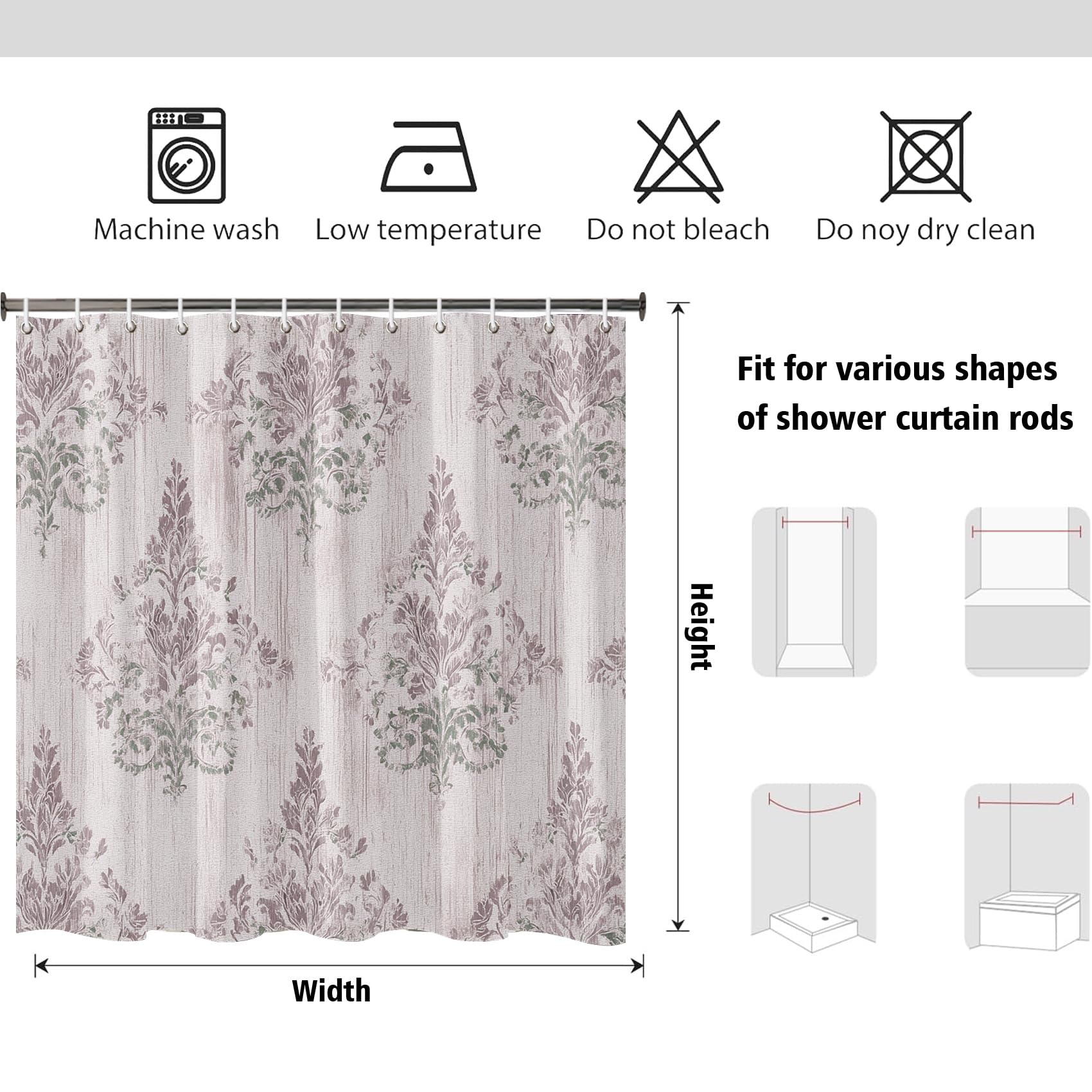 Rideau de Douche Motif Floral Damassé Lavande, Rideau de Baignoire Style Champêtre Français, Tissu Polyester Hydrofuge Lavable Décoration de Salle de Bain avec Crochets, Shower Curtain 200 x 240 cm