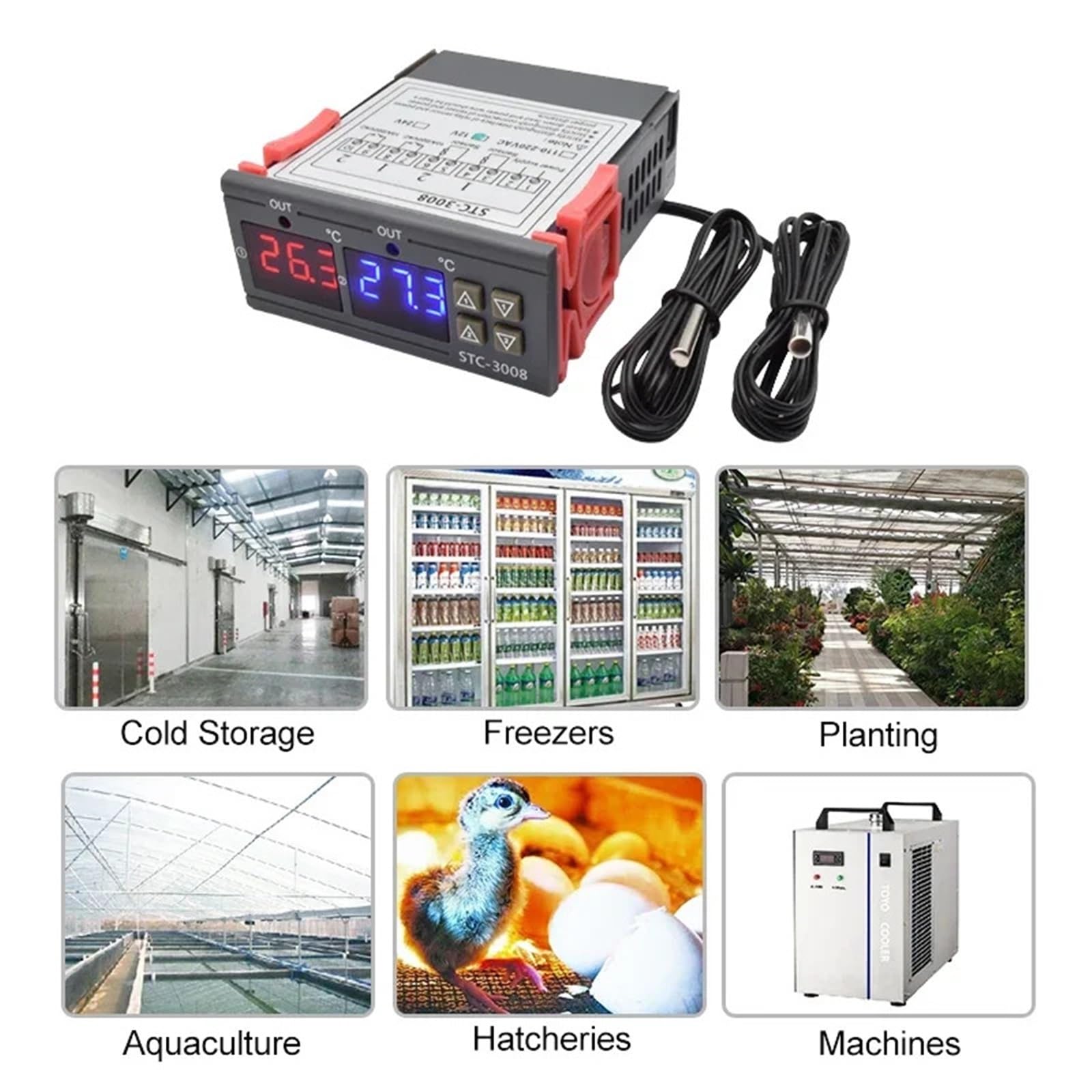 Termostato controlador de temperatura digital STC-3008 de doble LED, CA 220 V, 12 V CC, control de calefacción y refrigeración, con dos salidas de relé.(STC-3008 DC12V)