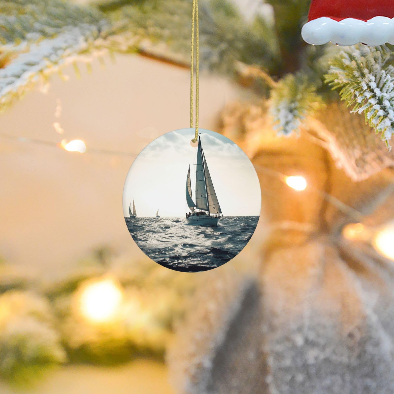 Christmas Tree Ornaments Ceramics Christmas Round Decorations Ocean Sailing Ceramics Ornaments Circle Pentagram Xmas Tree Hanging Pendant for Christmas Tree Party Holiday Home Decor