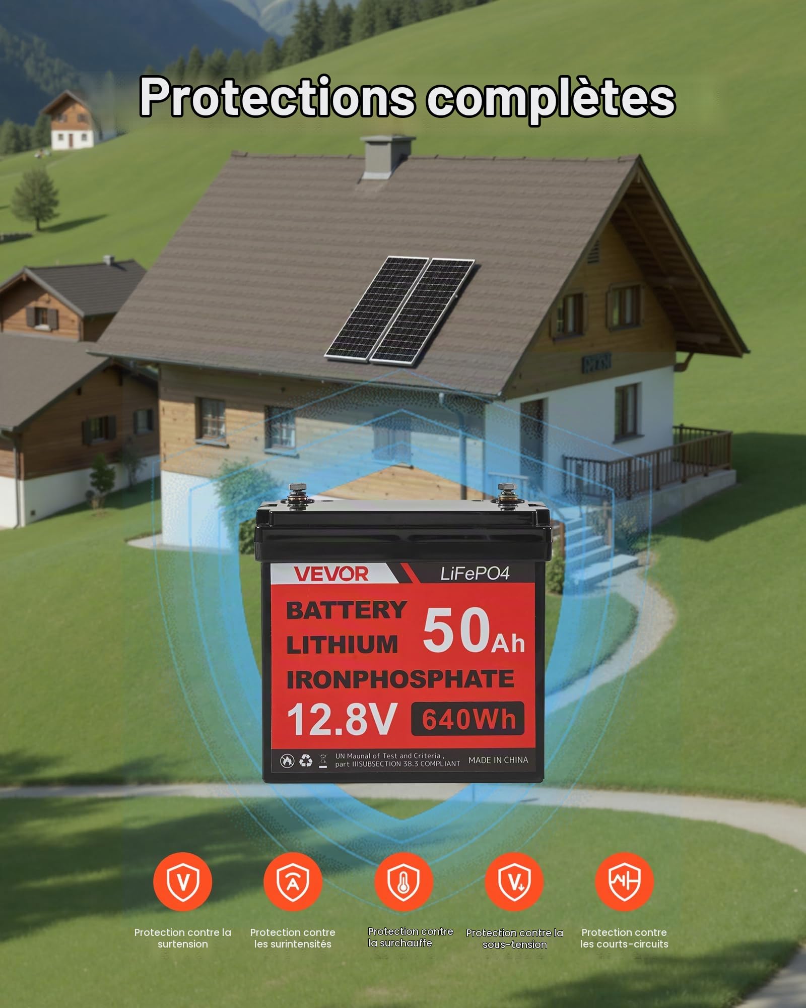 VEVOR Kit Solaire Complet Hors Réseau 200 W 12 V 2 Panneaux Solaires Monocristallins 100 W, Batterie LiFePO₄ 12,8 V 50 Ah, Contrôleur de Charge 40 A, Onduleur 800 W, pour Camping-car, Maison, Bateau