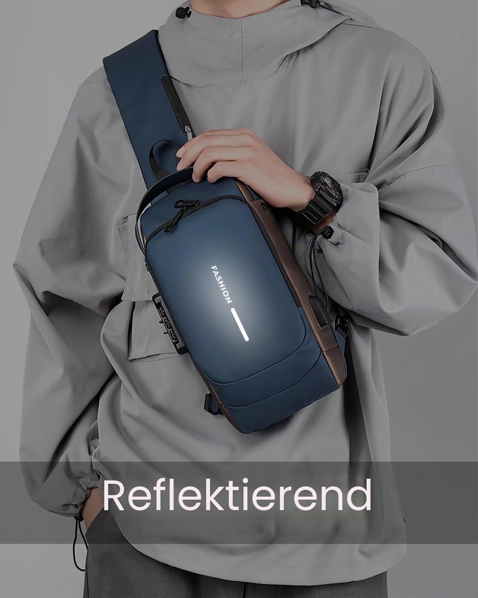 Umhängetaschen für Männer und Frauen, wasserdichte Brusttasche mit USB-Ladeanschluss Anti-Diebstahl-Schloss Crossbody-Rucksack Flex-Schultertasche für Wandern Radfahren Reisen (Blau-Gold)