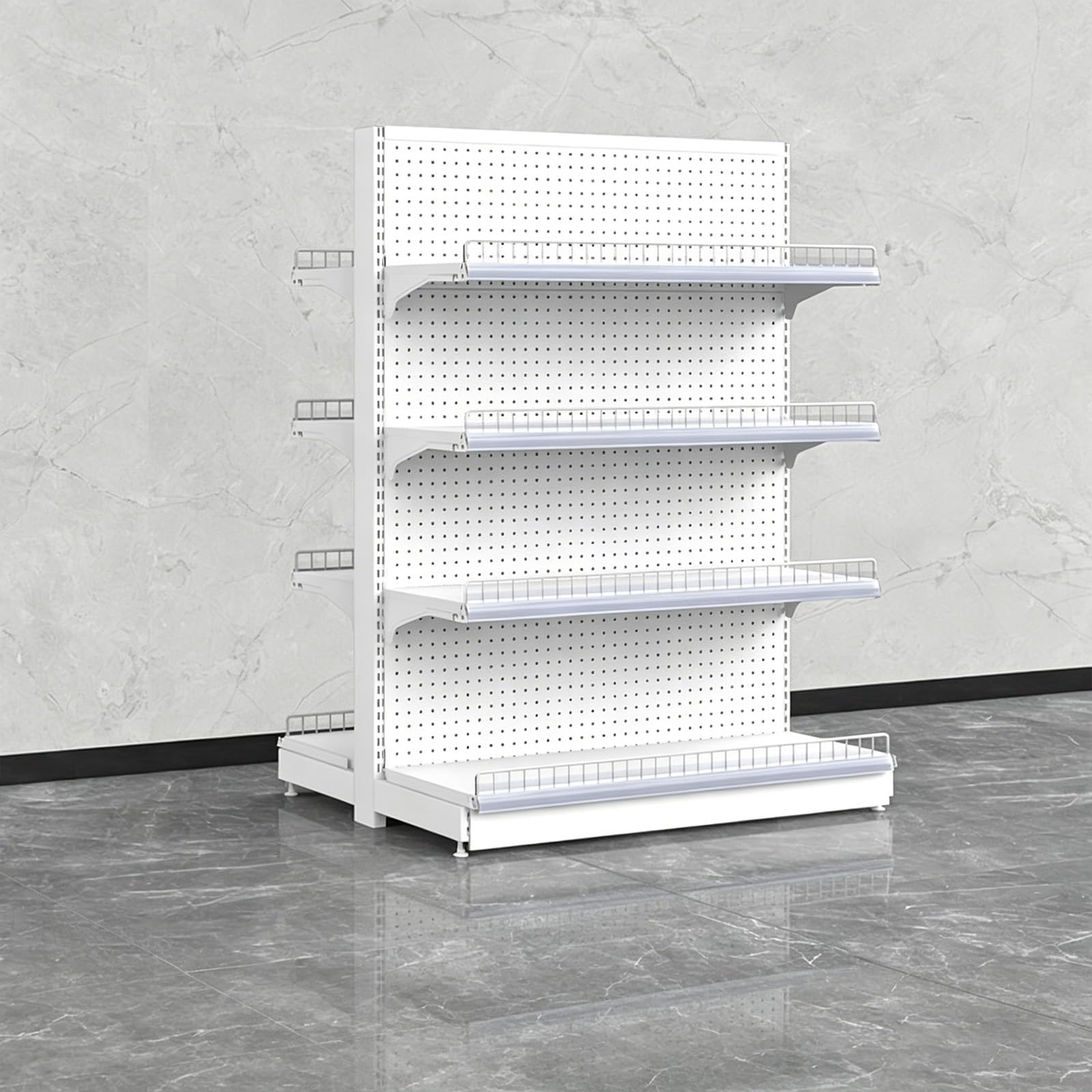 Supermarkt Gondelregal, Metall Verkaufsregal einseitig und doppelseitig, höhenverstellbares Ladenregal für Einzelhandel und Lebensmittelgeschäft(White,B-123 * 130cm/48.4 * 51.1in)