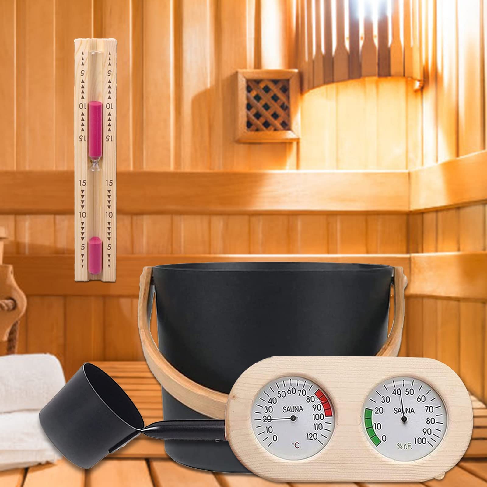4PCS 7L Seau Pour Sauna, Set Complet Pour Sauna Seau Avec Louche En Bois Pin Finlandais Haute Qualité Accessoires Pour Sauna Seau Pour Infusion (Seau Pour Sauna+Louche+Thermomètre Hygromètre+Sablier)