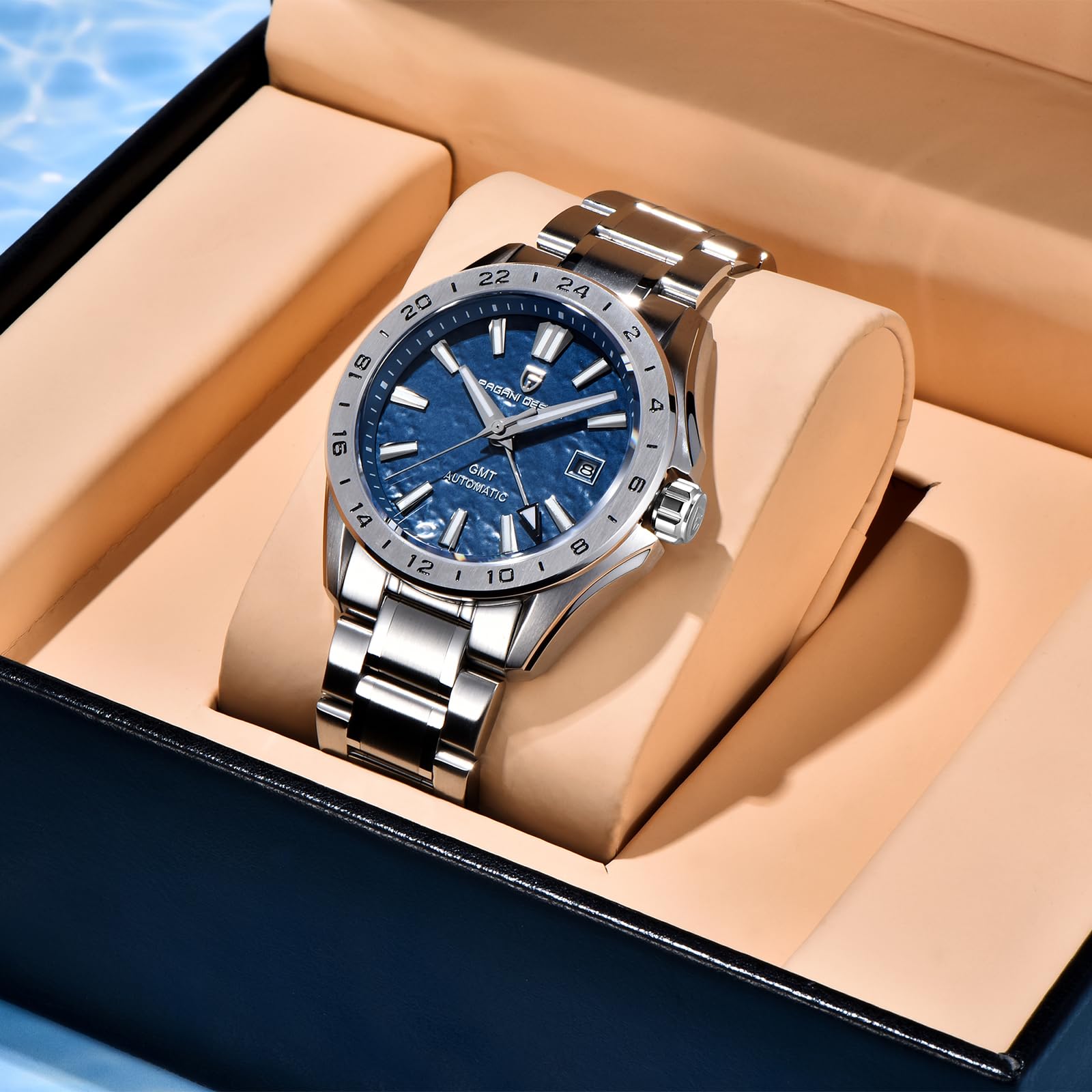 SUZAKU Pagani Design1792 Herren-Business-Armbanduhr, automatisch, Edelstahl, GMT, Saphirglas, 100 m wasserdicht, Kalender