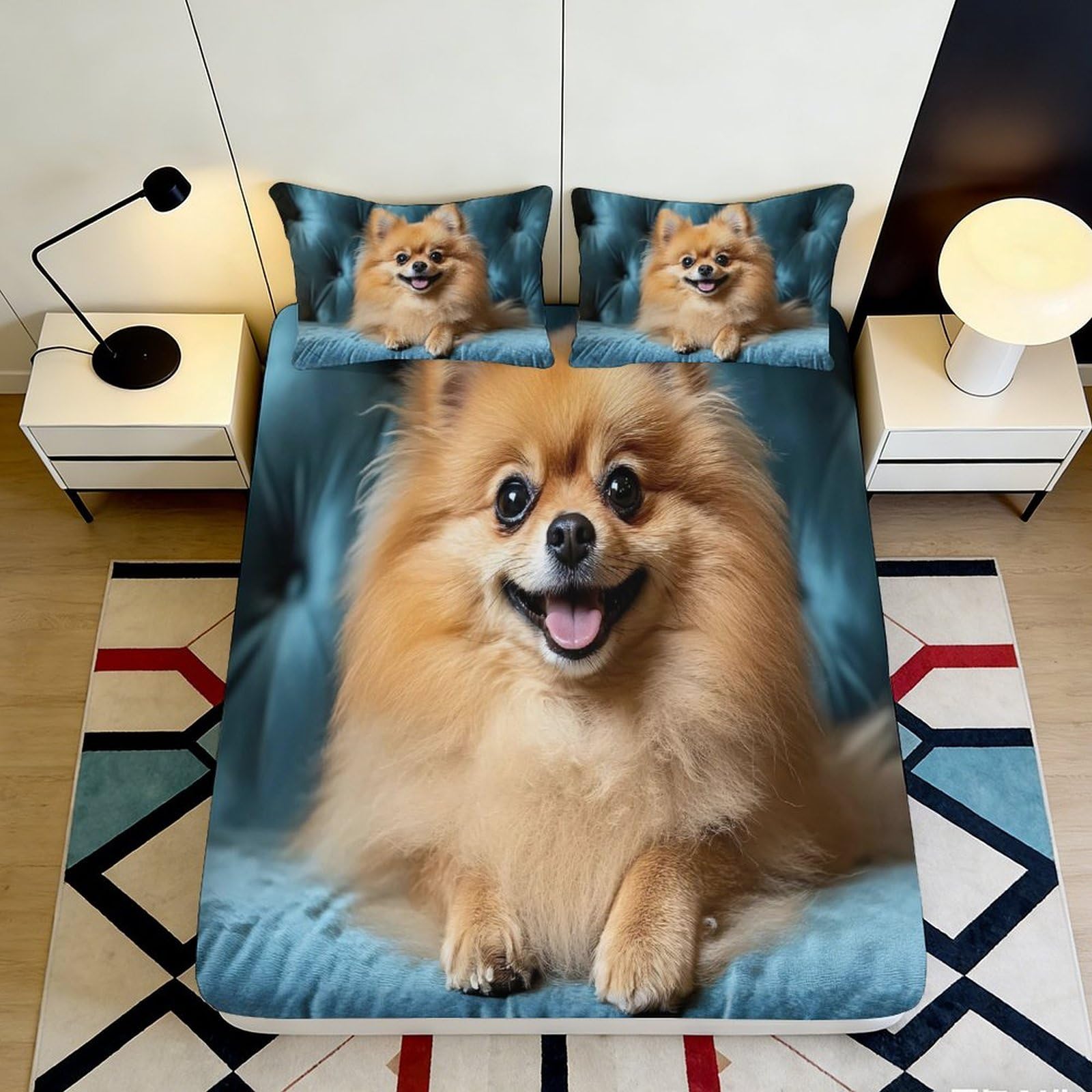 3D Printed Pomeranian Dog Fitted Sheet Microfiber Soft Breathable Animal Bed Cover for Bedroom Dorm Decor 90x200x25cm