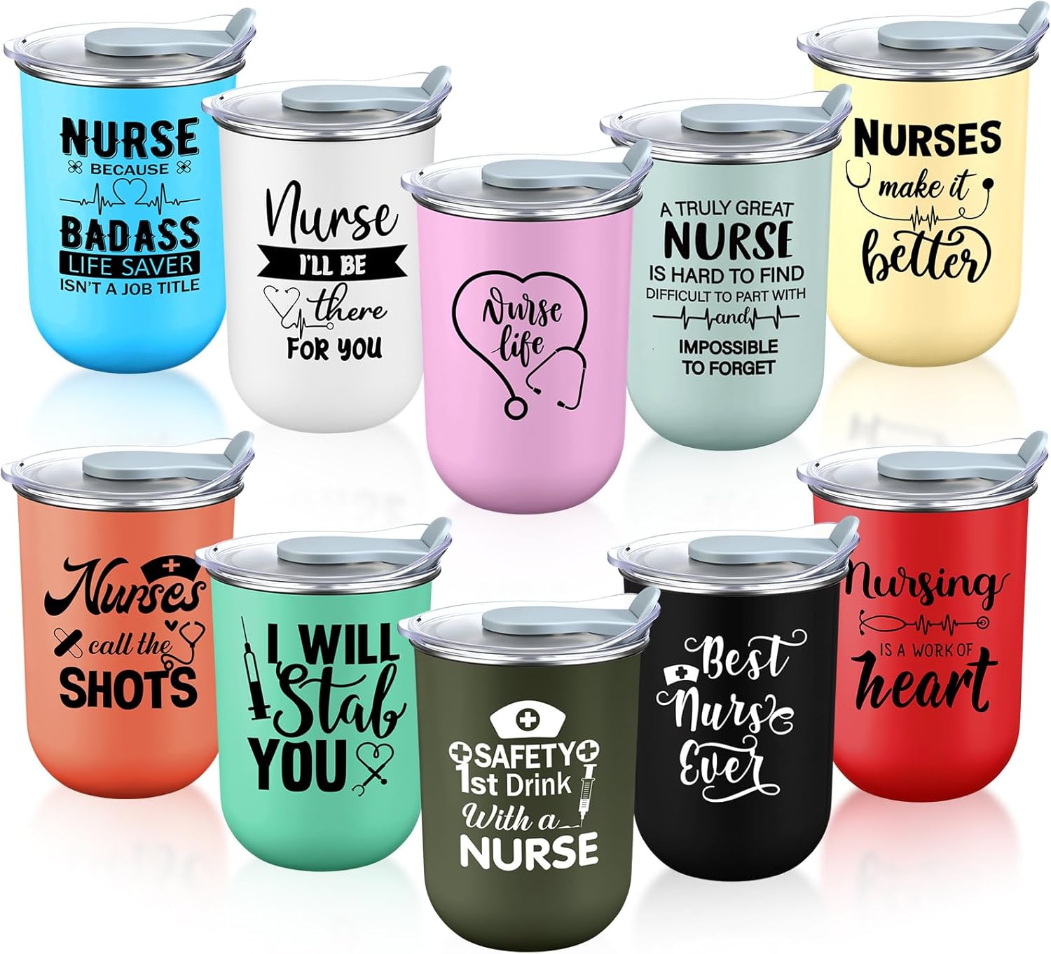 LemonRoad 10 Pcs Nurse Week Gifts Bulk Coffee Mugs 10 oz Thank You Cups with Lids Stainless Steel Tumblers for Nurses Appreciation Women Men Present (Morandi Colors,Best Nurse Ever)