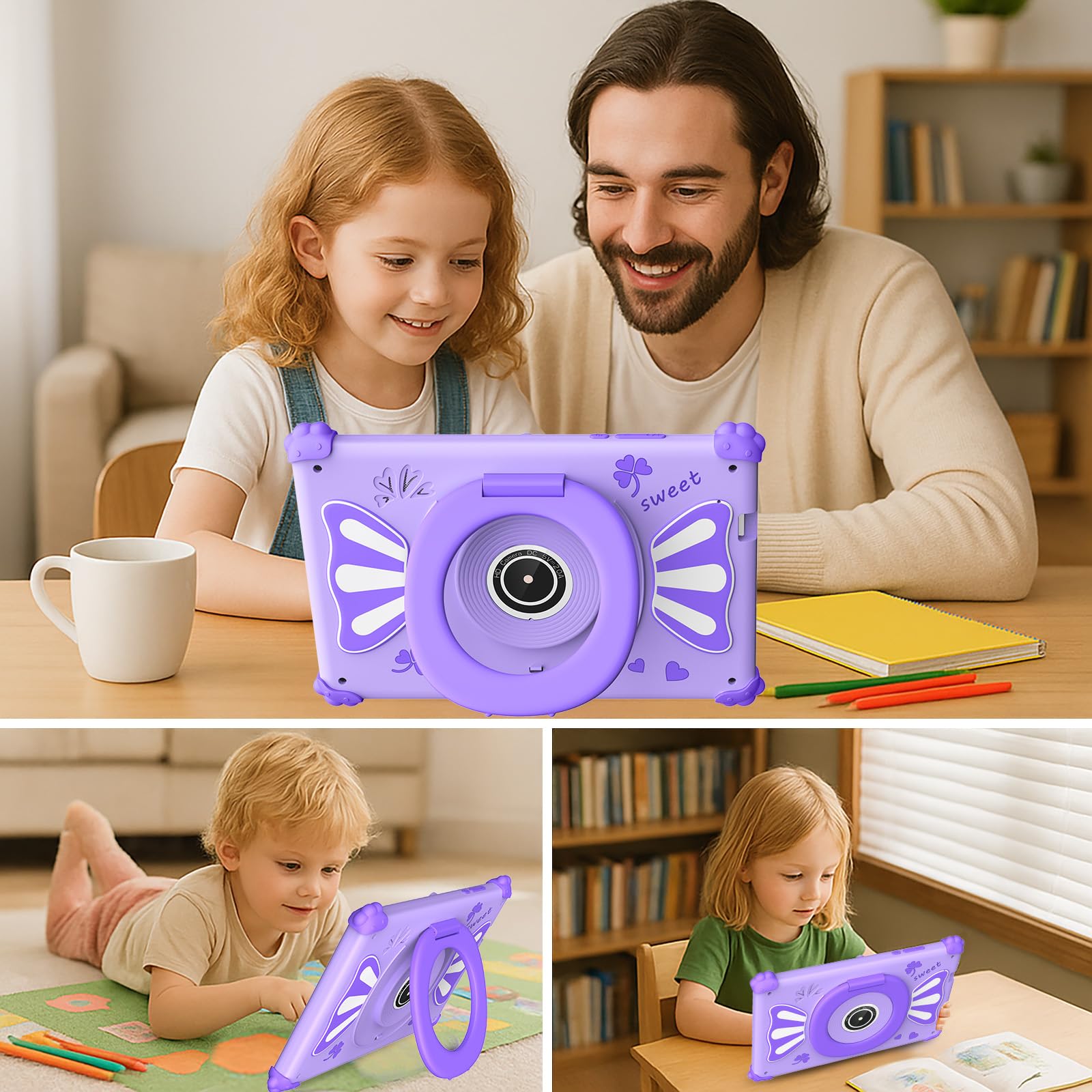 ascrecem Tablet Bambini 7 Pollici Android 15 Tablet per Bambini con 2.4G+5G WiFi6 Penta Core 6GB RAM 32GB ROM Tablets Bambina Doppia Fotocamera 128GB Espandibile Controllo Parentale (Viola)