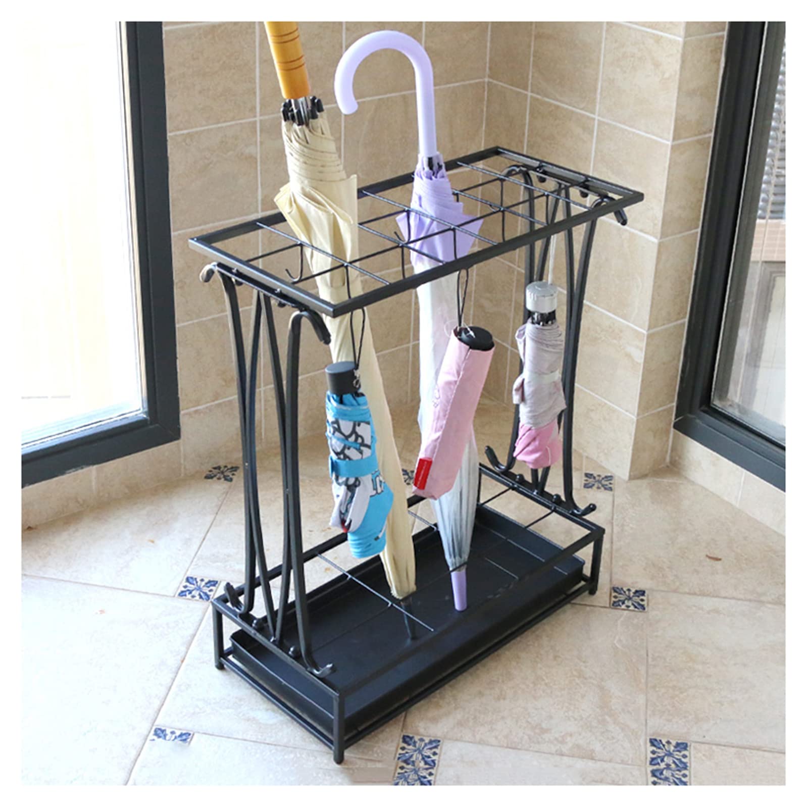 FCXWEVR Black Umbrella Stand with High Capacity for Commercial/Home Use 18 Holes + 10 Hooks Ideal for Hallway Office and Door Storage