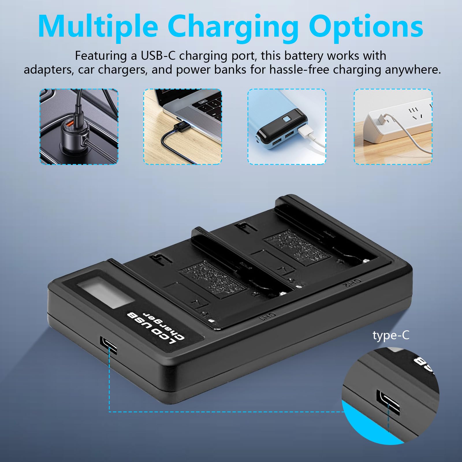2 Stück NP-F970 8800mAh Ersatzakku Dual USB Schnellladegerät Kompatibel mit Sony NP-F960 NP-F950 NP-F930 NP-F550 NP-F570 NP-F750 Batterien, für Handycams, Feldmonitor, Videolicht