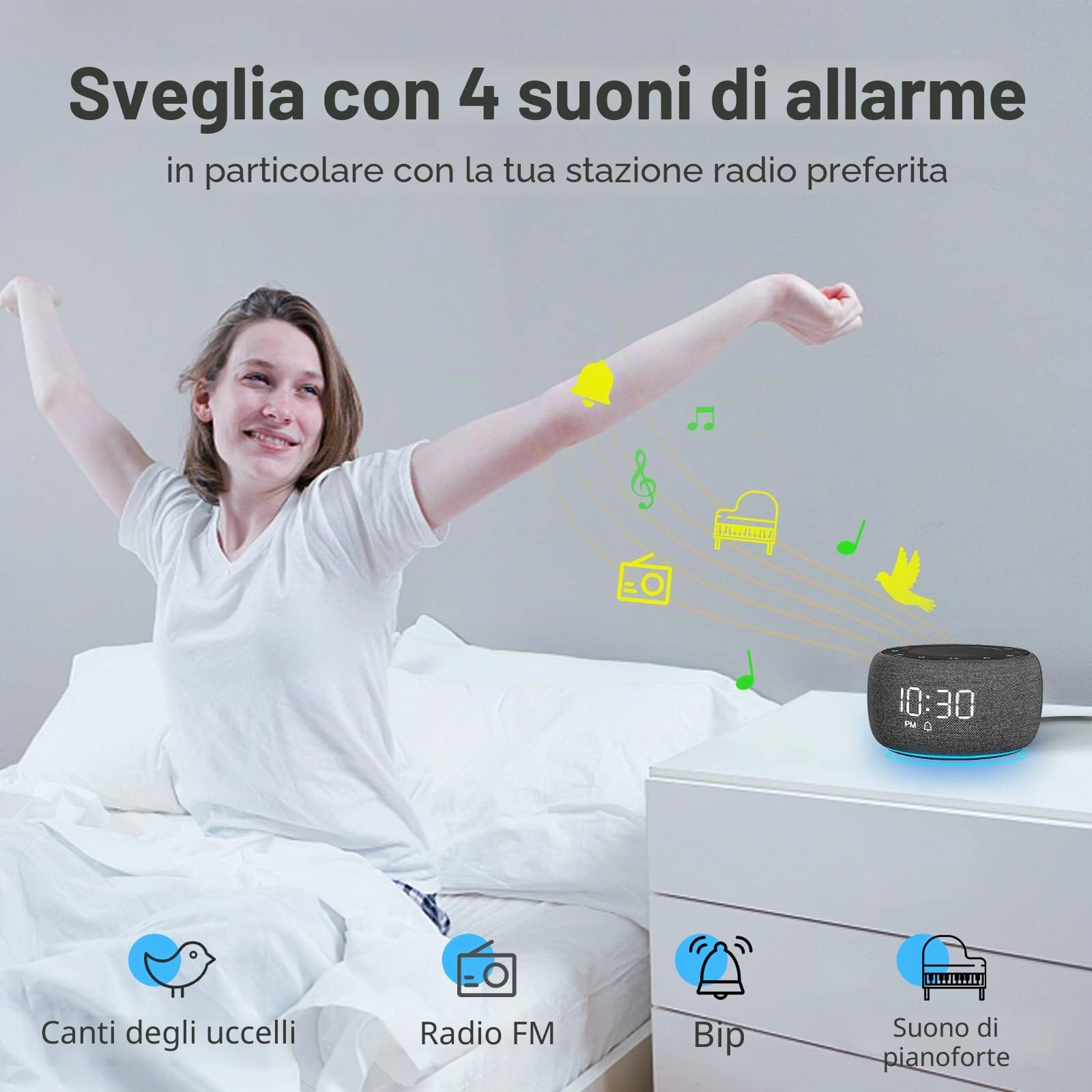 Buffbee Radiosveglia digitale per camera da letto – Luce notturna a 7 colori, qualità del suono ad alta fedeltà con altoparlante rivolto verso l'alto, 4 suoni, display Full Range Dimmer per comodino