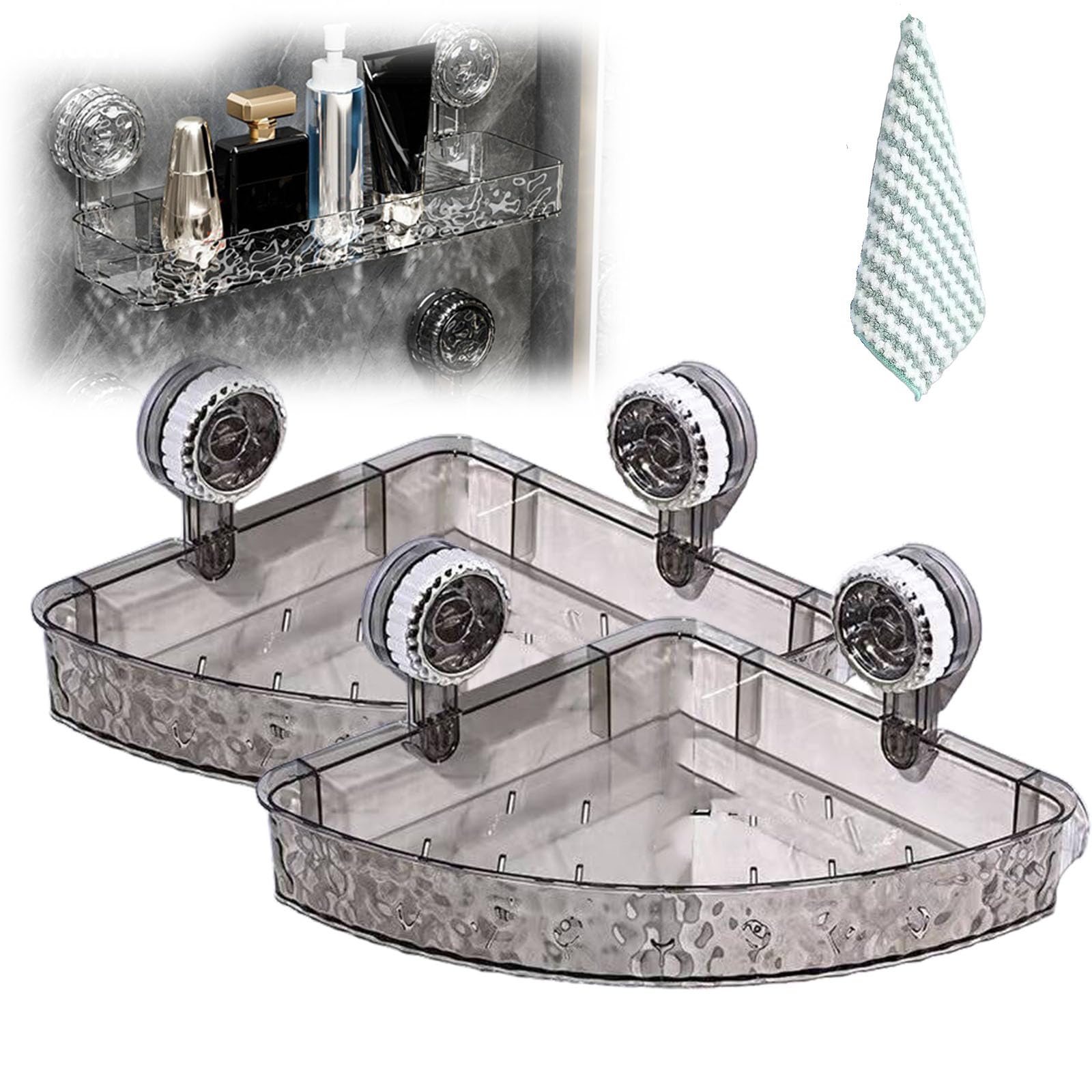 Corrugated Suction Cup Storage Holder for Bathroom,No-Drill Wall Mounted Clear Storage Rack (2, Transparent Gray Triangle)