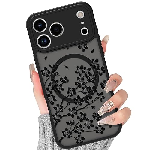 BITOBE Floral Case for iPhone 17 Pro Max [Compatible with MagSafe] Cute Flower Pattern Case for Women Girls Soft TPU Bumper Translucent Magnetic Slim Protective Cover - Black Flowers - for iPhone 17 Pro Max - Black Floral
