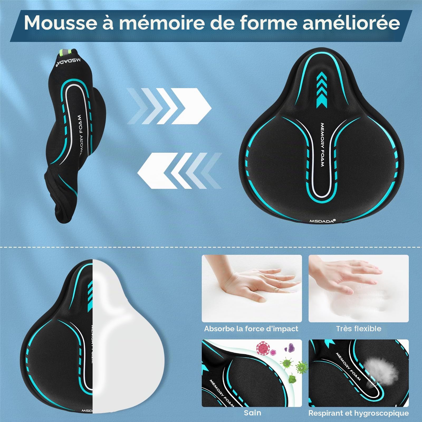 MSDADA SDADA Grande Housse de siège de vélo rembourrée en Gel Doux pour Homme et Femme, Accessoire de vélo Confortable, Housse de siège en Gel pour extérieur et intérieur (Cyan)
