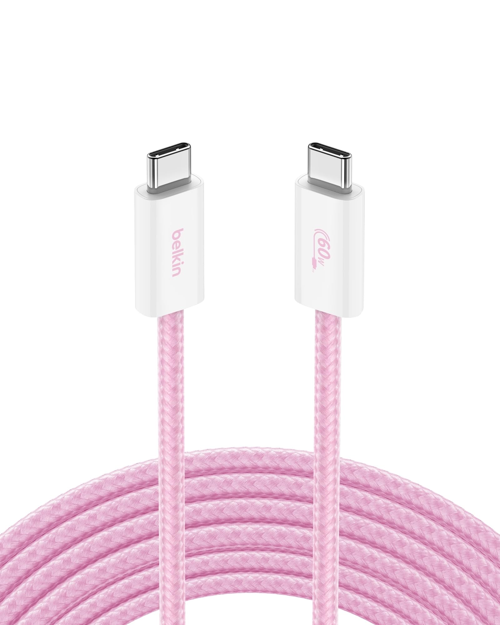 Belkin USB C to USB C Cable, 9.9ft, 60W - Type C Charger, iPhone Charger Cord, Soft, Braided, Flexible for iPhone 16, Galaxy S25, Pixel 9, Airpods, iPad Pro, Table & More, Travel Essentials - Pink