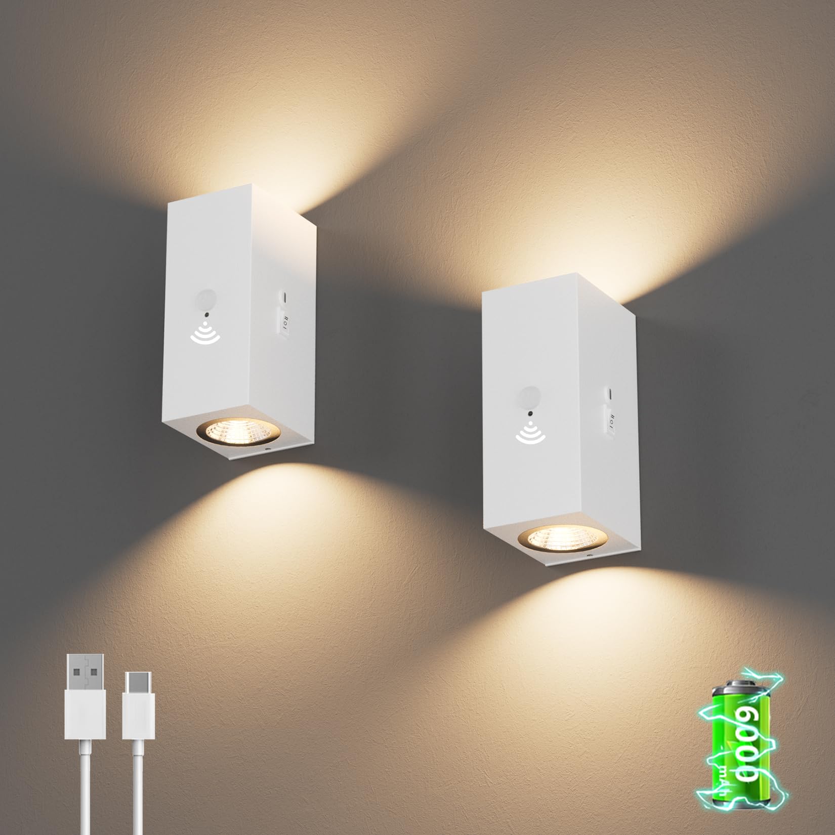 Aipsun 2 piezas LED recargable luz de pared con detector de movimiento blanco, 6000mAh, lámpara de pared inalámbrica con 3 modos, 6W 2700K para escaleras, pasillo, sala de estar, dormitorio, garaje
