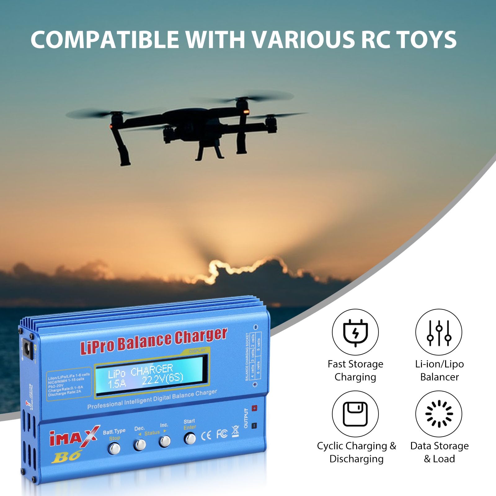 80W Lipo Battery Charger, Lipo Battery Balance Charger, 6A Rc Battery Charger with Complete power cord, AC Power Adapter for LiPo, Li-ion, NiMH, Li-ion, Li-Fe, NiCd, Rc Hobby, Pb,Blue