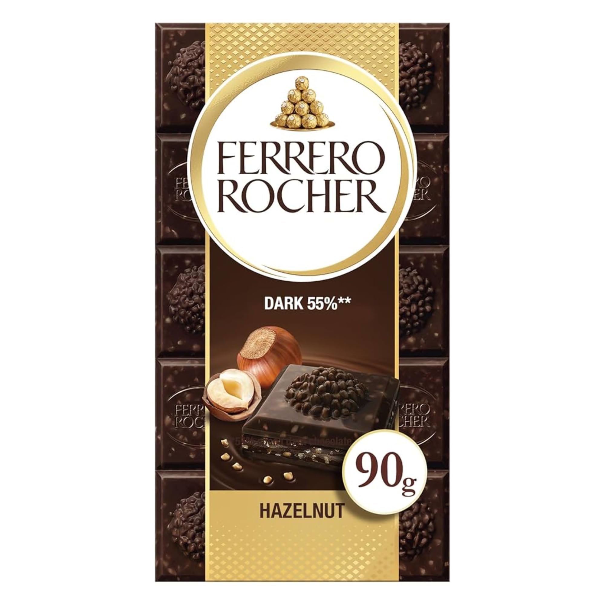 Ferrero Rocher Dark Chocolate and Hazelnut Bar, Chocolate Bars, 55 Percent Dark Chocolate with Crunchy Whole Hazelnut and Cocoa Filling, (90g)