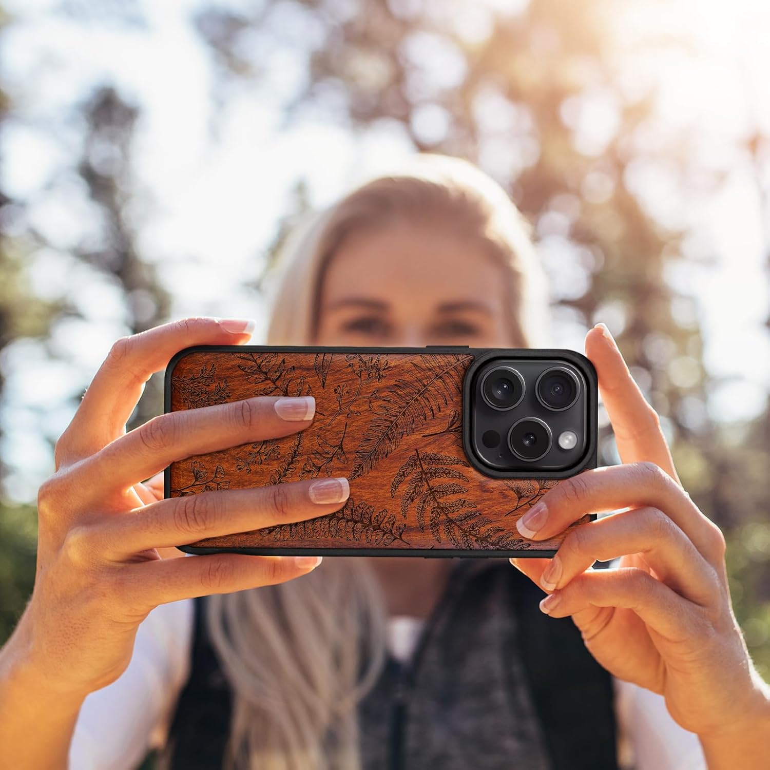 Carveit Magnetic Wooden Case for iPhone 16 Pro Case, Wood Artisan Engraved & Black Soft TPU Shockproof Cover, Compatible with MagSafe Wireless Chargers (Fern Leaves & Herbs) Rosy