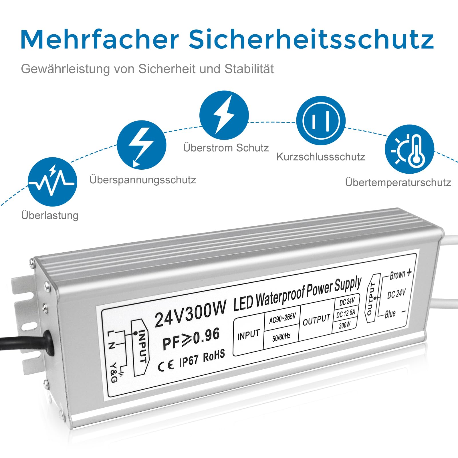 inShareplus Trasformatore LED 24 V 12,5 A 300 W IP67 impermeabile driver per esterni, AC 90-265 V a DC 24 Volt a bassa tensione, alimentatore da 24 V per luce LED, progetto computer, uso esterno