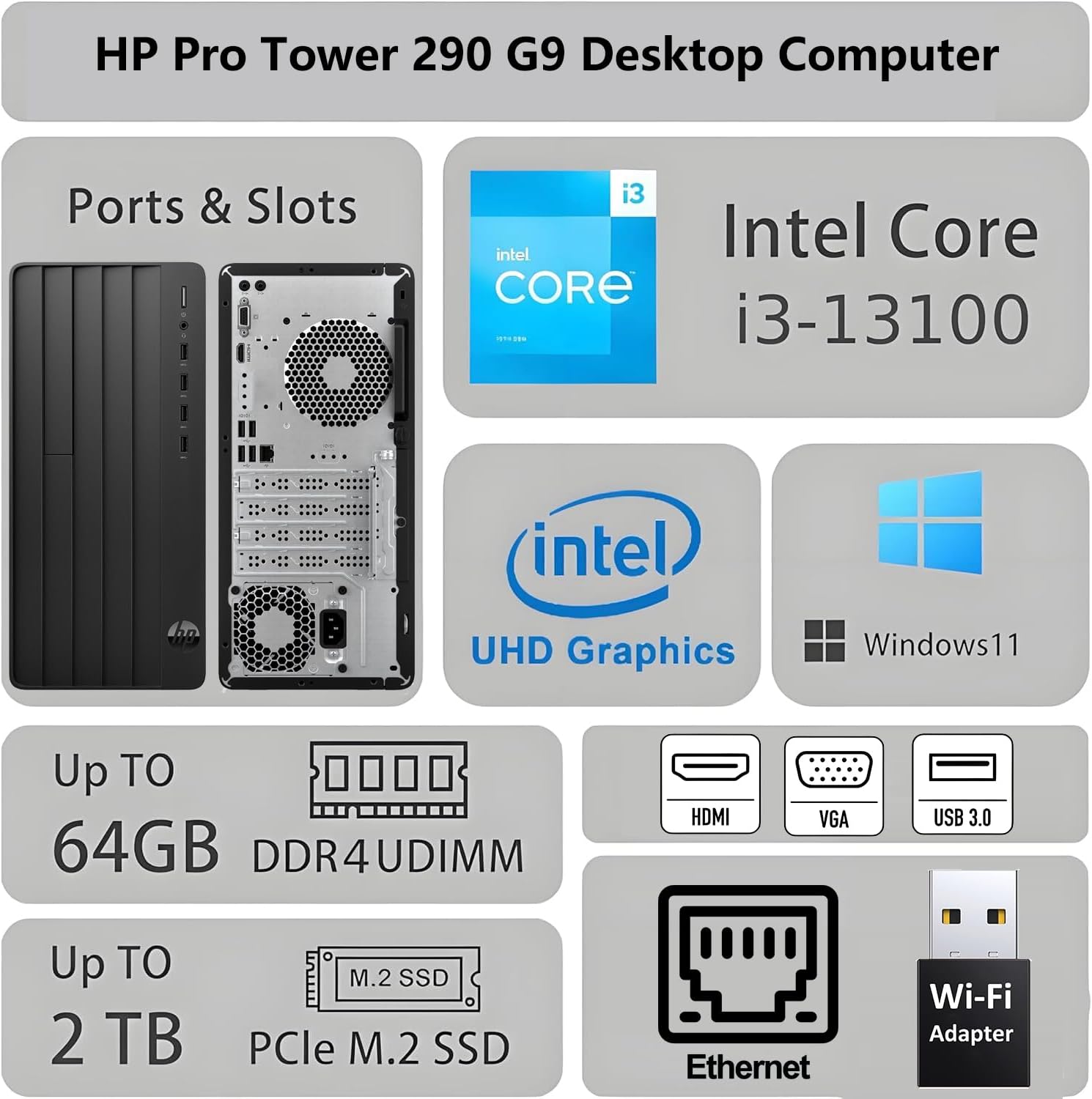 HP Desktop Computer Tower, 13th Gen Intel Quad-Core Processor, 16GB DDR4 RAM, 256GB SSD, 500GB External HDD, Keyboard and Mouse, WiFi Adapter, Vga, Rj-45, Hdmi, Windows 11 Home, Office 365