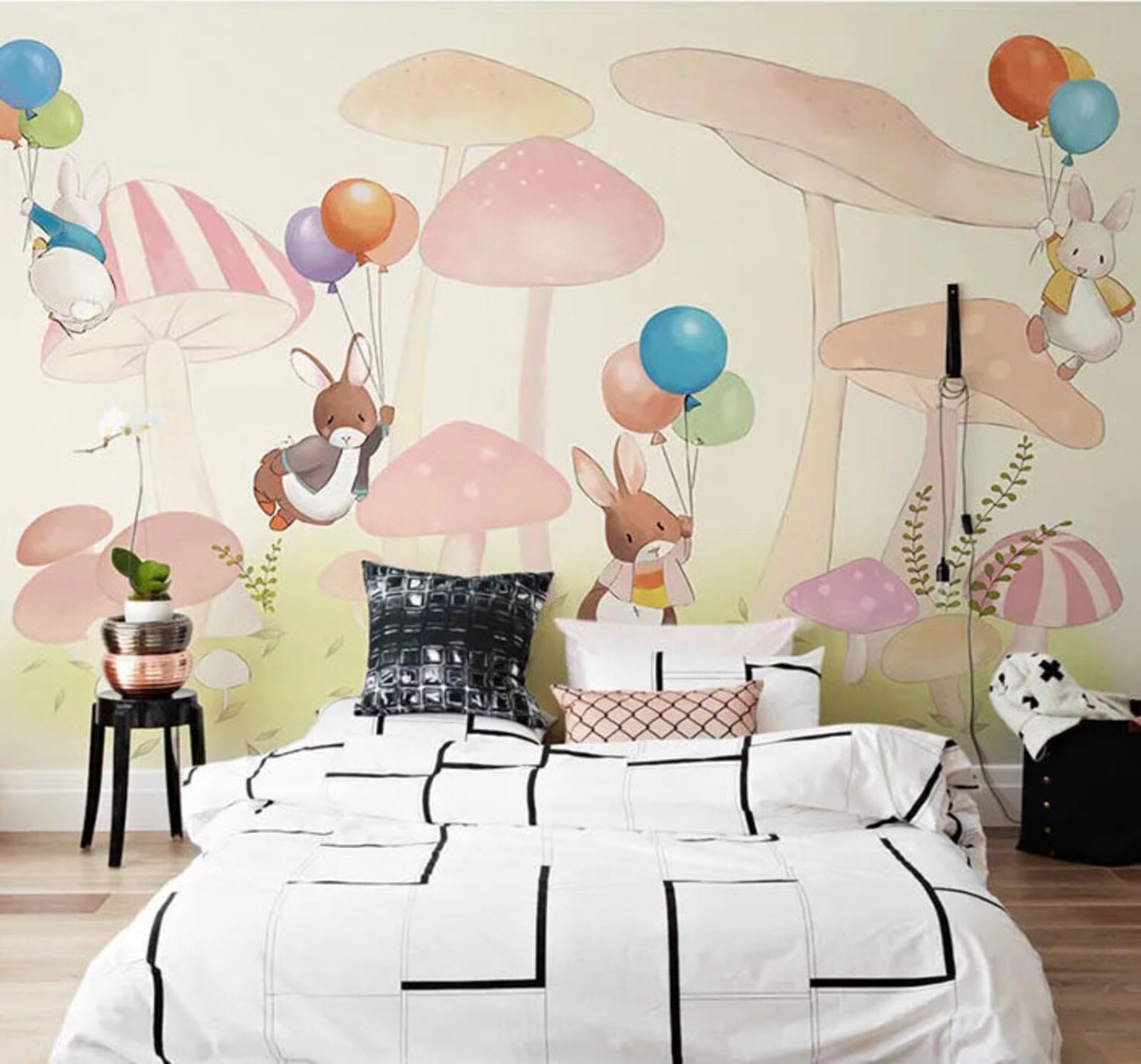Tzxztt Cartoon Minimalist Pink Balloons Mushrooms Modern 3D Wallpaper Premium Textured Silk Neutral Tones Material Ideal for Living Room Bedroom-350cm×256cm