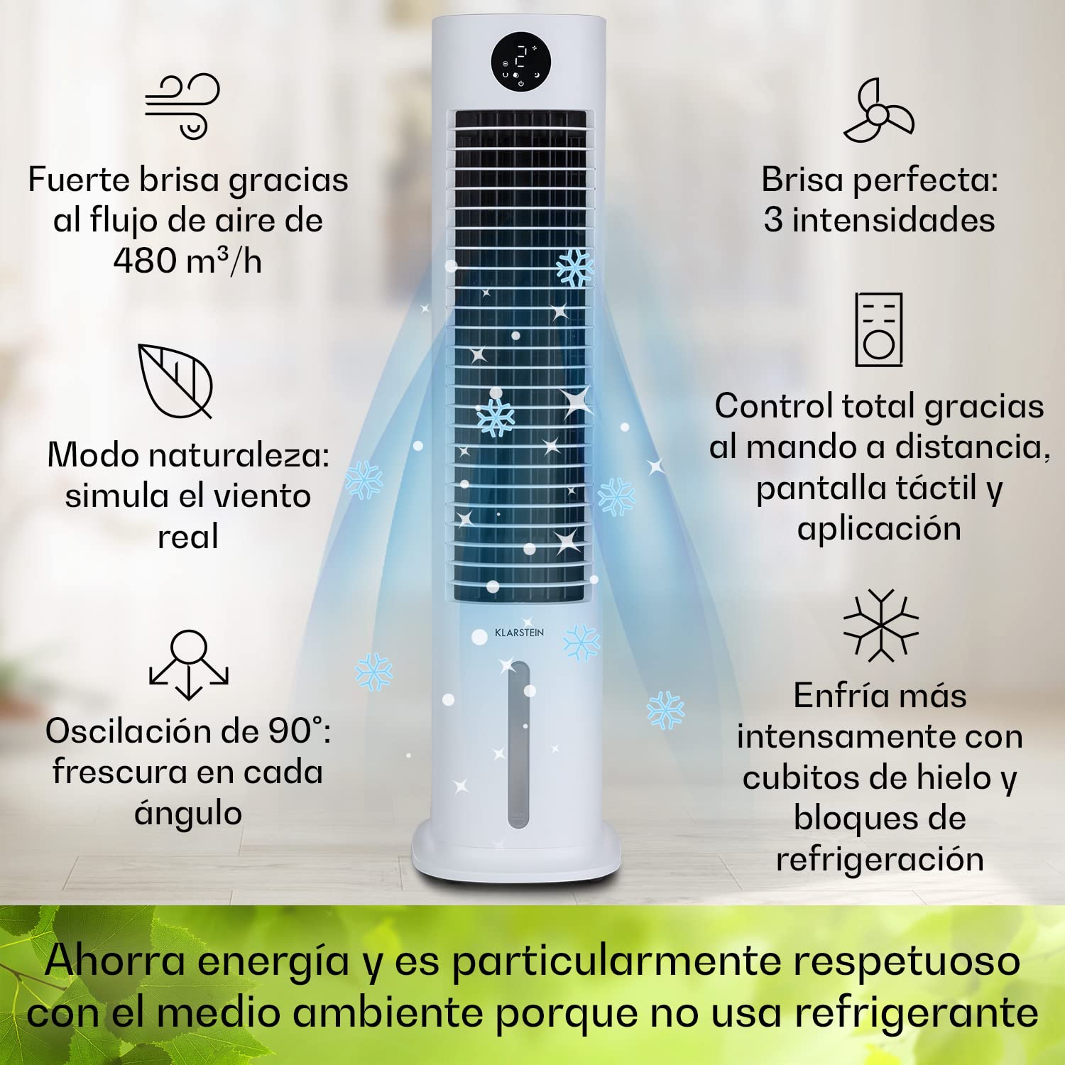 Klarstein Skytower Grand Climatizador Evaporativo – 4-en-1 Ventilador, Enfriador, Purificador & Humidificador, 480 m³/h, Wi-Fi & App Control, Depósito 8L, Oscilación, para Hogar Inteligente, Blanco