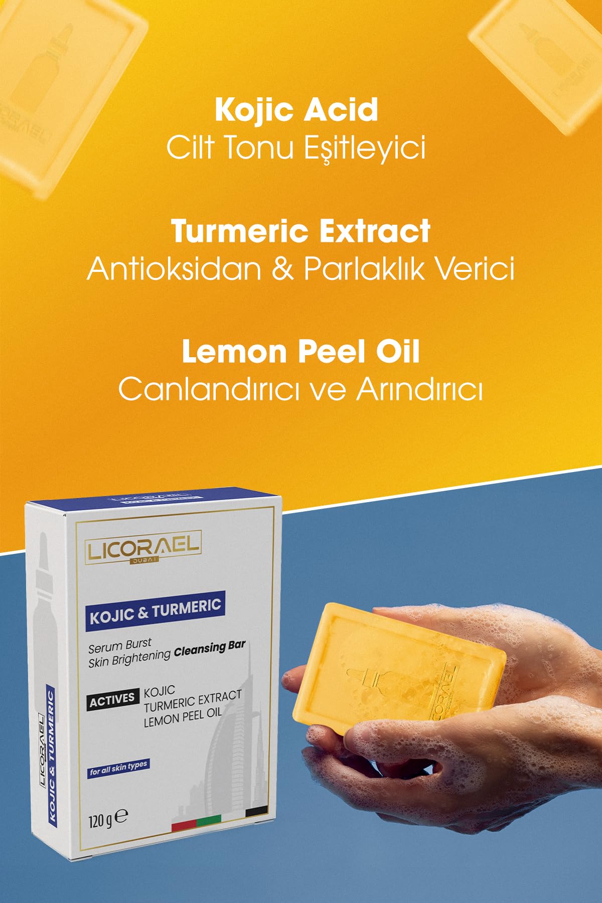 Licorael Kojic & Turmeric Sabunu 120g – Cilt Aydınlatıcı Temizleyici Sabun, Limon Kabuğu Özlü, Lekelere Karşı, Tüm Cilt Tipleri İçin