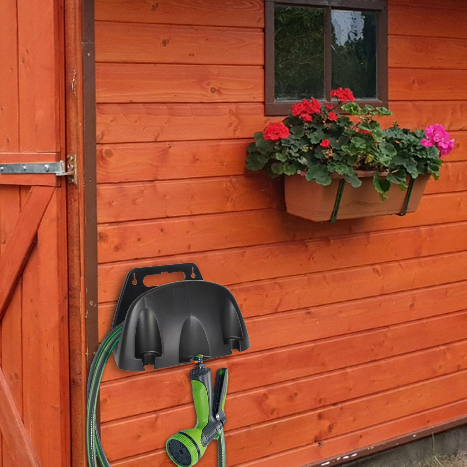Hose Reel Garden Hose Holder, Wall Mount,Heavy Duty Metal Hose Hanger With Tool Storage Basket Outdoor Hose Stands For Outside Garden Yard Garage Water Hose Holder