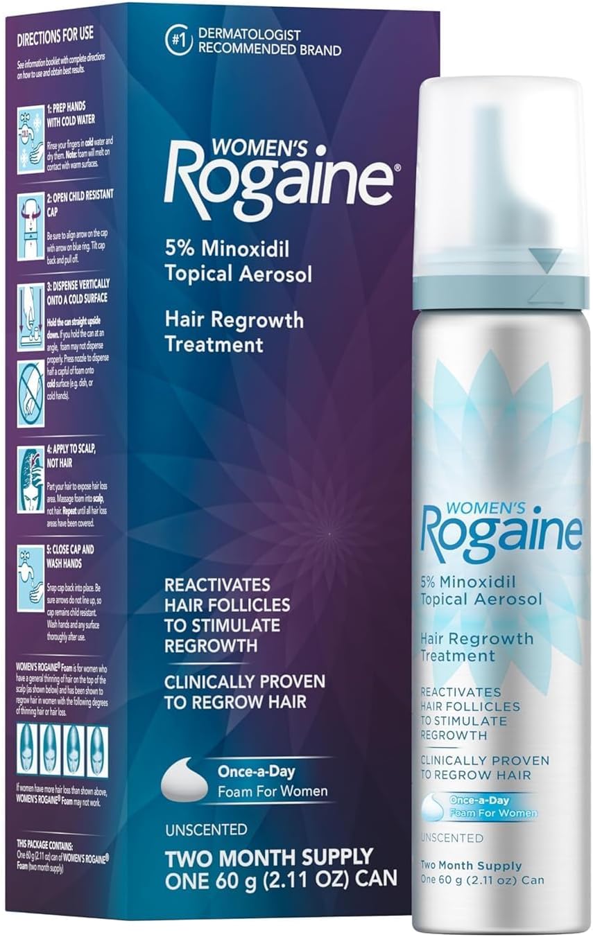 Rogaine 5% Minoxidil Foam, Topical Once-A-Day Hair Loss Treatment for Women to Regrow Fuller, Thicker Hair, Unscented, 2-Month Supply, 2.11 oz